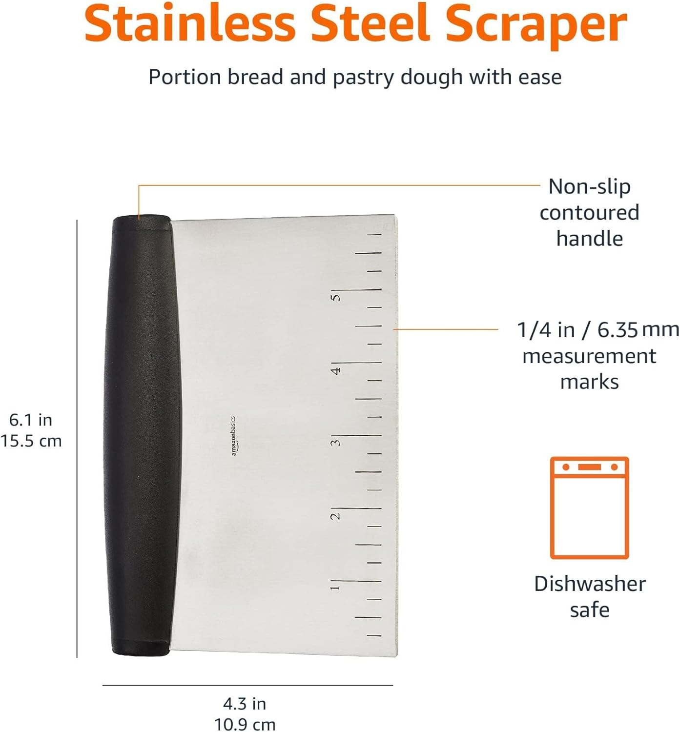 Amazon Basics Multi-Purpose Stainless Steel Scraper/Chopper with Contoured Grip, 6", Black, Silver