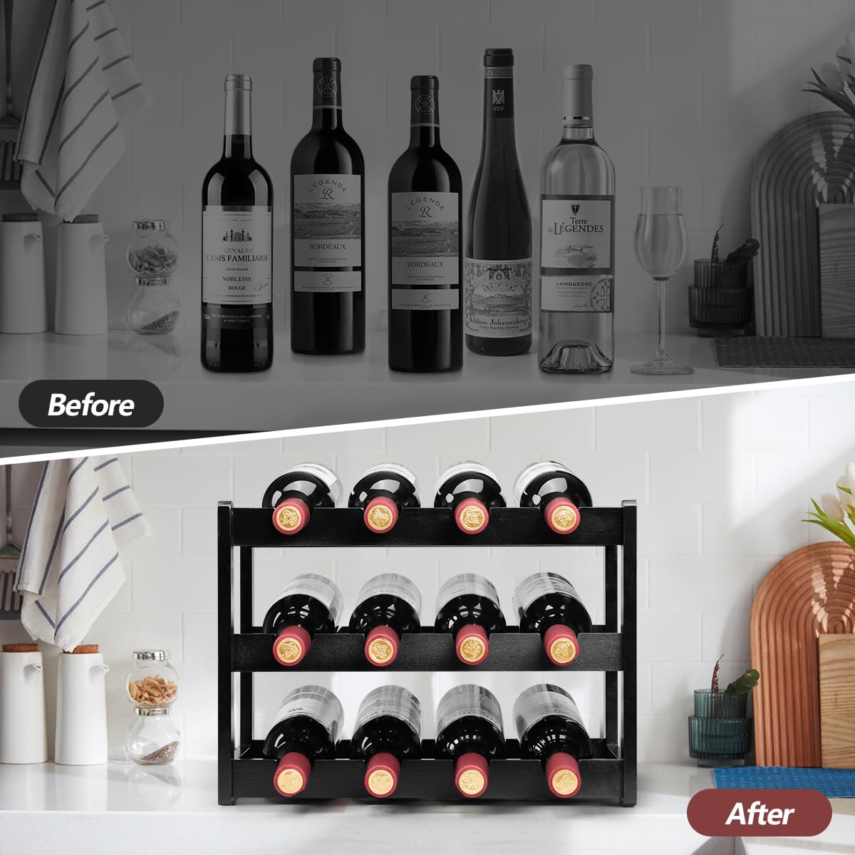 Bamboo Wine Rack, Sturdy and Durable Wine Storage Cabinet Shelf, Wine Racks Countertop for Pantry - 3 Tiers 12 Bottle Wine Rack, Black