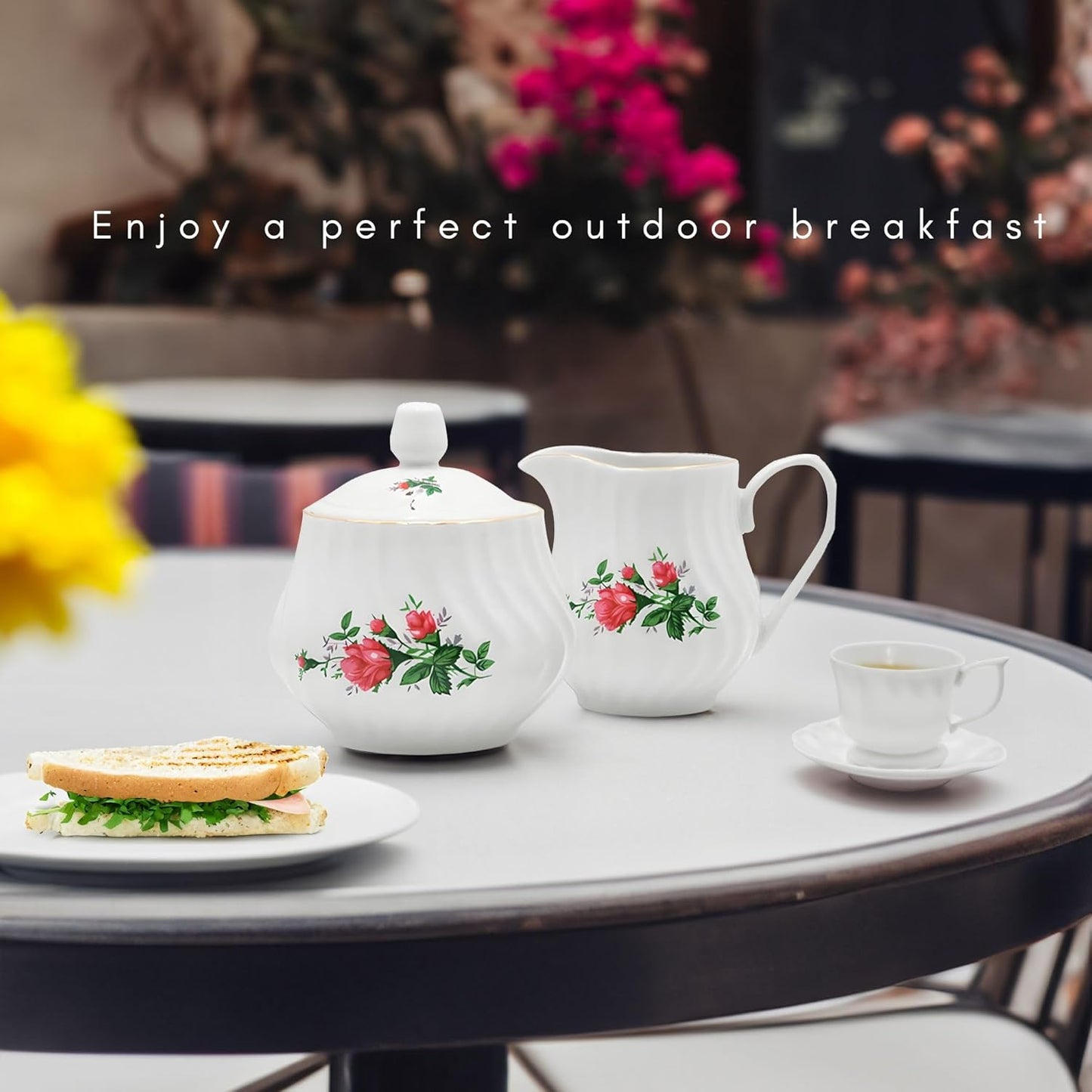 Sugar and Creamer Set - Porcelain Sugar and Creamer Floral Vintage Tea Set with Gold Trims & Embossed Swirls - Exquisite Fine China Tea Set for Parties & Celebrations - Vintage Rose Set by Lynns