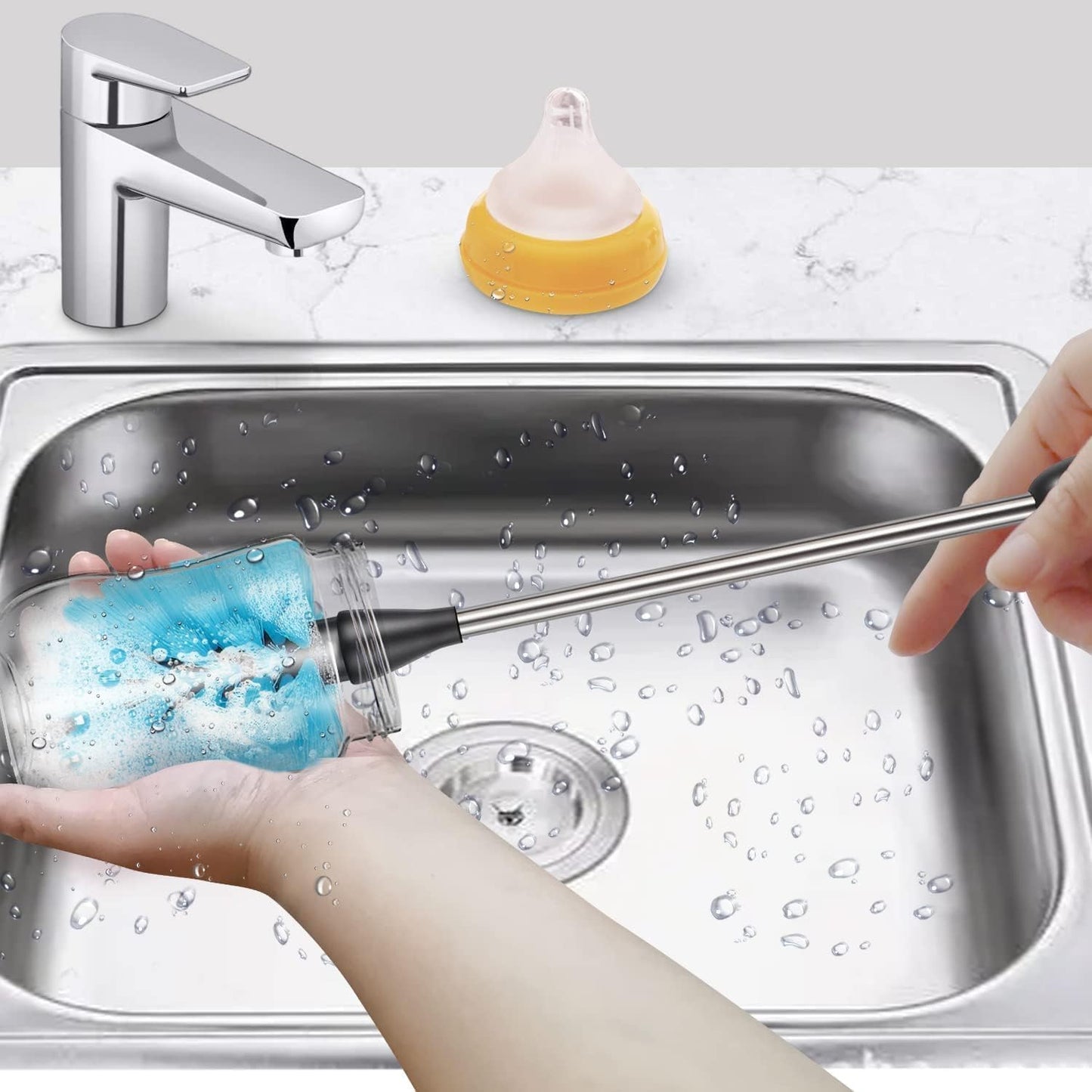 Stainless Steel Long Handled Water Bottle Brush-Flexible and Flexible Brush for Water Bottles, Milk Bottles, Glasses, Glassware, Food Jars, Wake-up Jars, 15 in.