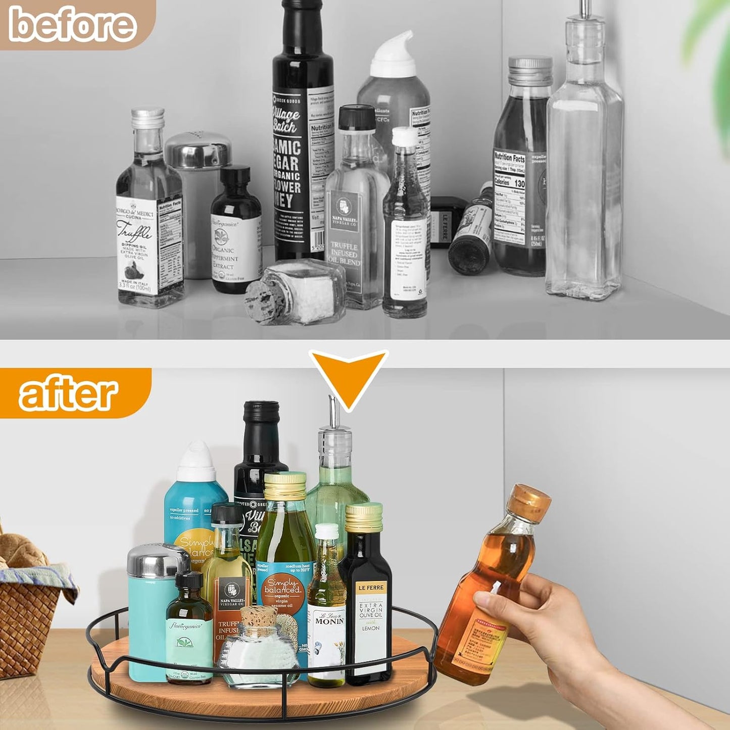 Lazy Susan Turntable Organizer for Cabinet Pantry Kitchen Countertop Refrigerator Cupboard, Pine Wood, 9", Carbonized Black