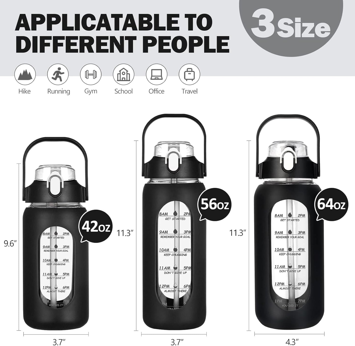 kytffu 64oz Glass Water Bottles with Straw, Half Gallon Motivational Glass Bottle with Silicone Sleeve and Time Marker, 2L Leakproof Large Glass Water Jug for Gym Home Office,Black