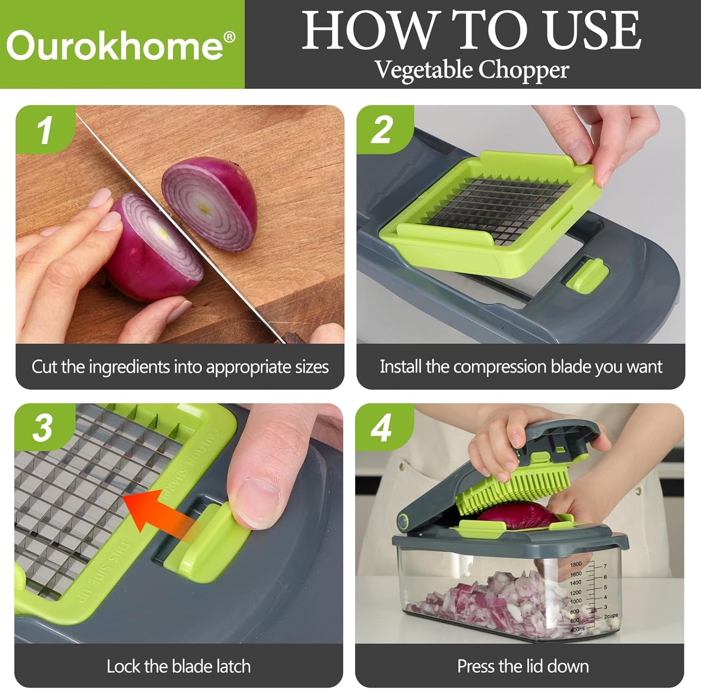 Ourokhome Vegetable Chopper Cutter with Container, Manual Hand Food Veggie Dicer with 2 Chopping Blades for Potato Strips, Onion Cubers, Carrot Sticks, Essential Kitchen Gadgets (2 in 1, Gray)