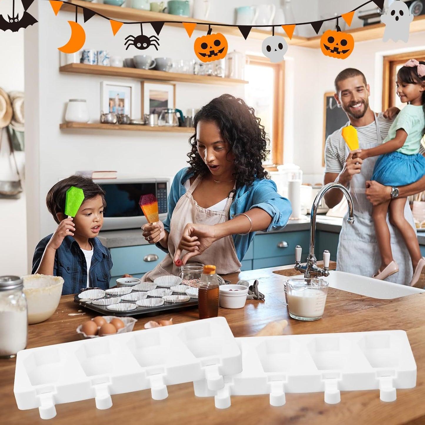 Hushee Halloween Coffin Shaped Mold Large 4 Cavity Reusable Silicone Cakesicle Cake Pop Ice Cream Mold for Halloween Adults Homemade Ice Cream Chocolate Candy DIY Trick Dessert Decorating