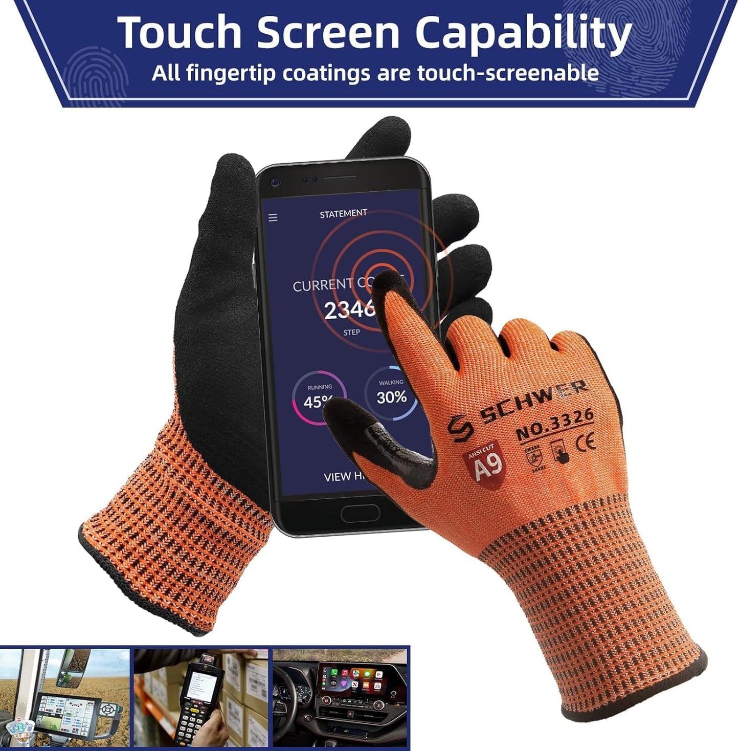 Schwer ProGuard Highest Level Cut Resistant Work Gloves PR3326 for Extreme Protection, ANSI A9 Cut Gloves with Reinforced Thumb, Non Slip, Breathable, Durable, Touch-screen, NON PFAS, Orange 1 Pair(M)
