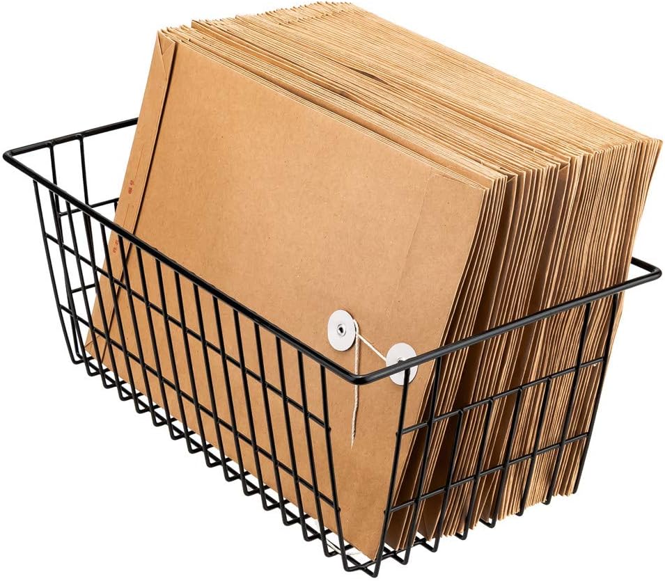 SANNO Freezer Wire Baskets, Refrigerator Freezer Baskets Wire Metal Storage Basket, Farmhouse Storage Organizer Bin for Pantry, Shelf, Kitchen, Cabinet, Bathroom Black 15.7" L x 7.9" Wx 5.9" H