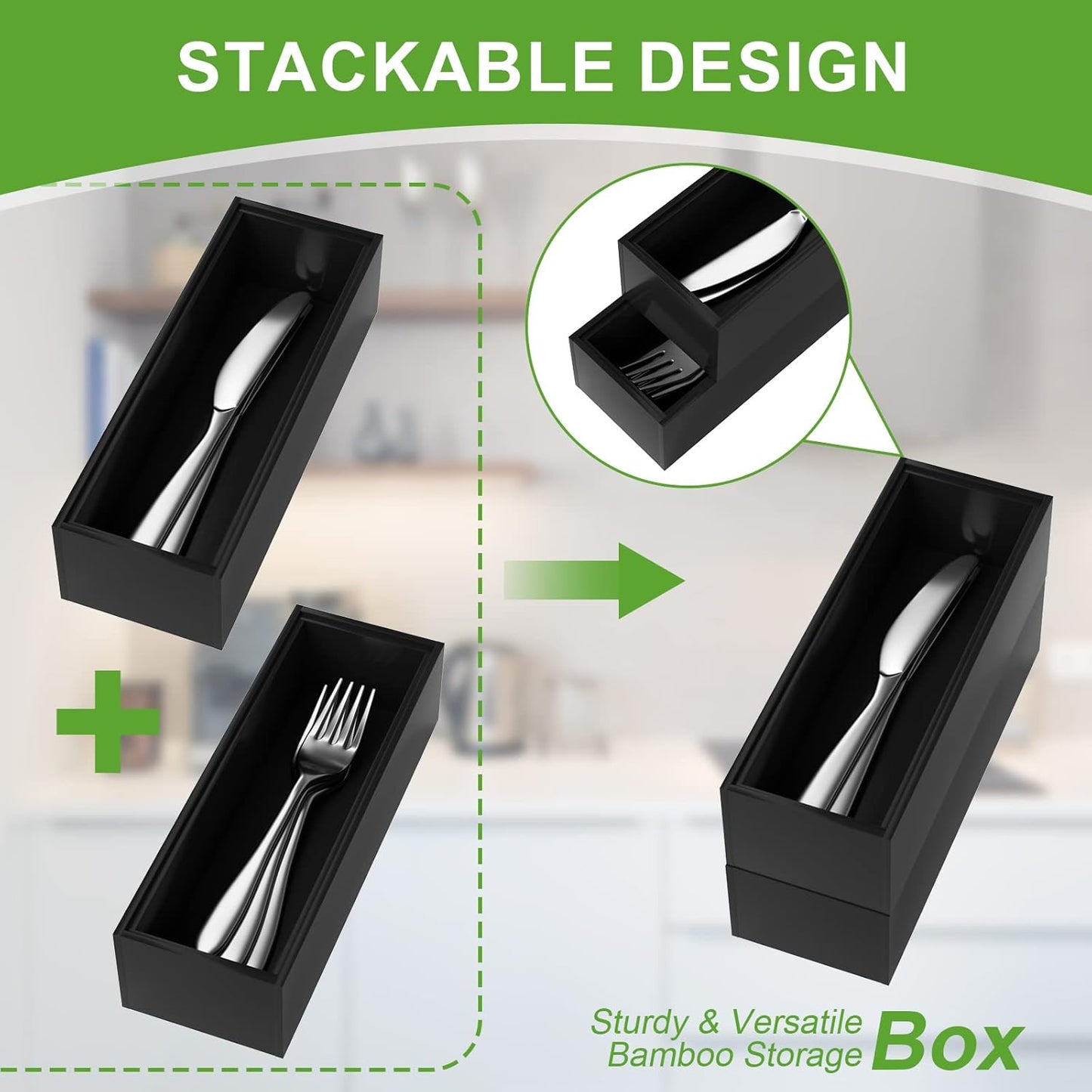 Premium Bamboo Kitchen Drawer Organizer - Set of 2, Stackable Utensils Holder, Storage Box Tray for Kitchen Drawers, Cabinet, Utensil, Silverware, Spatula, Flatware or Makeup, Vanity, Bathroom(Black)