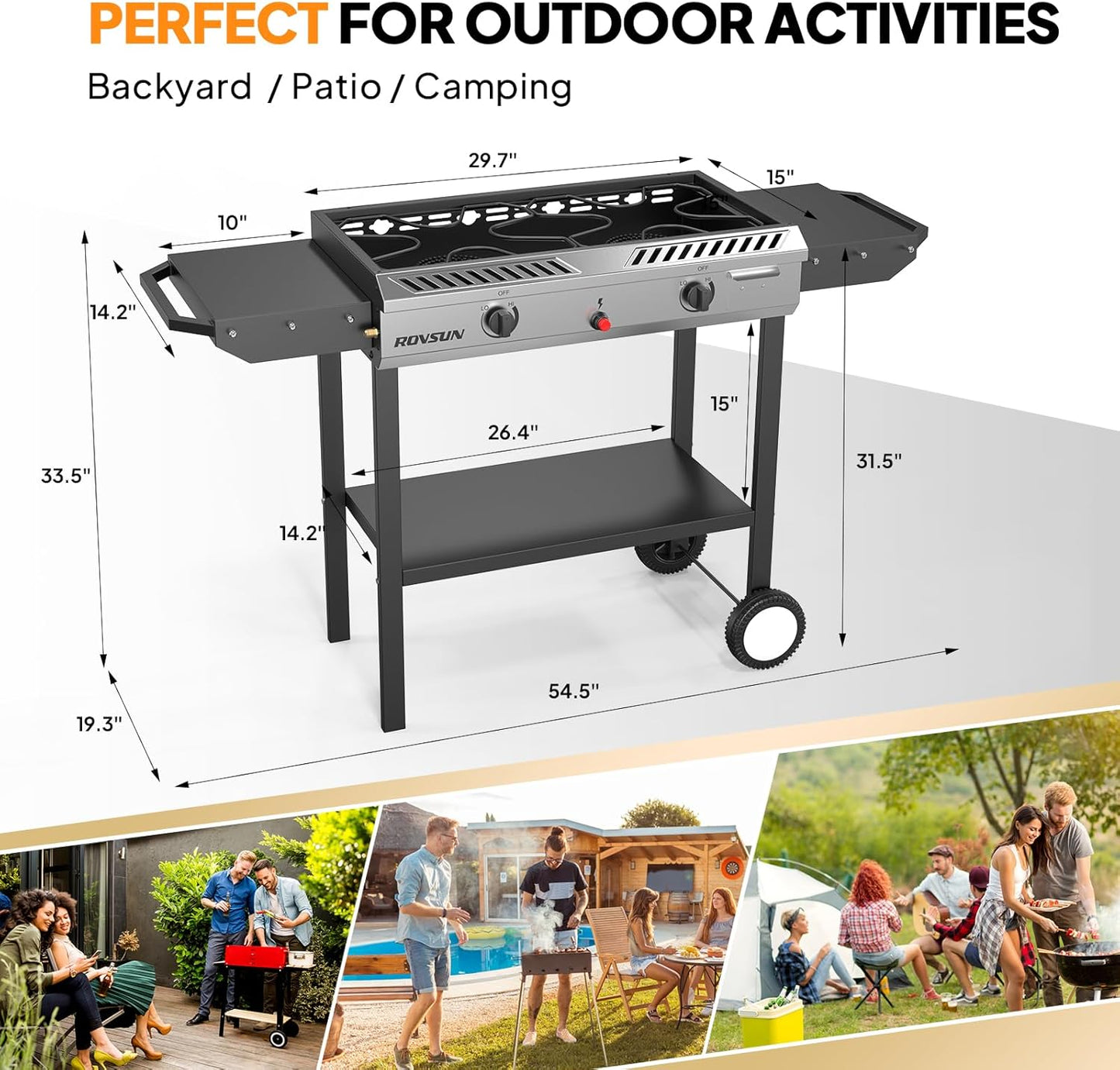 ROVSUN 2 Burner Outdoor Propane Gas Stove with Auto-ignition, Regulator & Shelf, 150,000 BTU Powerful Stand Cooker for Backyard Patio Cooking Home Brewing Canning Turkey Frying