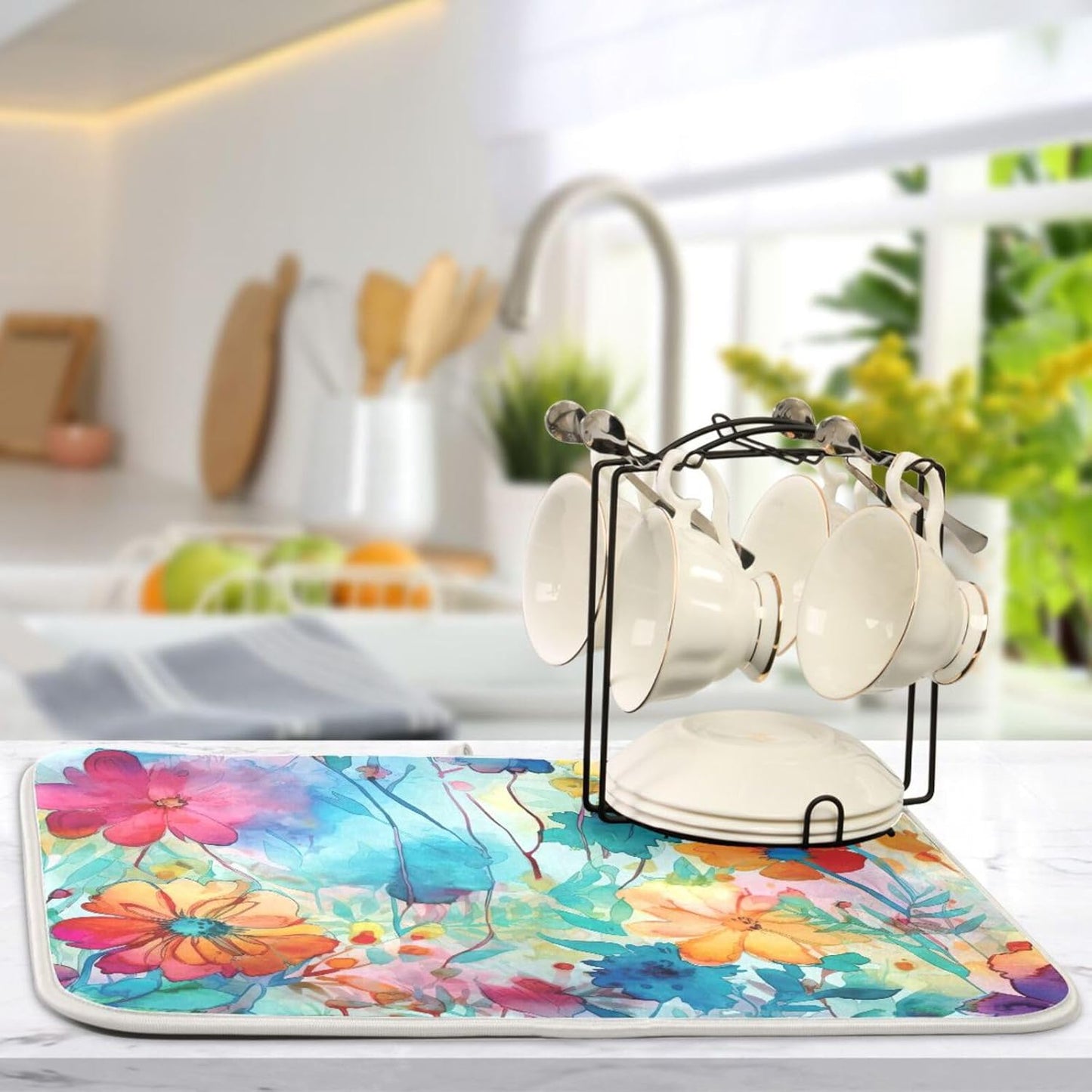 Colorful Beautiful Flowers Dish Drying Mat for Kitchen Counter Absorbent Microfiber Drying Pad, Medium 16x18 in, Reversible Drainer Mats