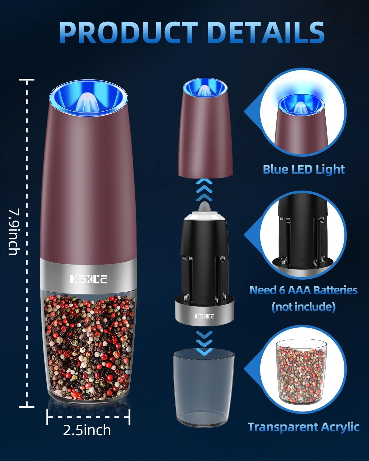 XinXu Gravity Electric Pepper Grinder, Salt or Pepper Mills & Adjustable Coarseness, with LED Light, One Hand Automatic Operation -Set/RoseRed