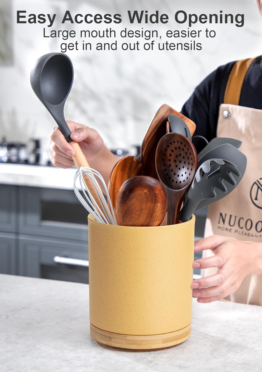 Nucookery 360°Rotating Utensil Holder, 7.2" Kitchen Utensil Crock, Ceramic Cooking Utensil Organizer with Countertop-Protection Cork Bottom for Farmhouse Kitchen Decor Christmas (Yellow Sand)