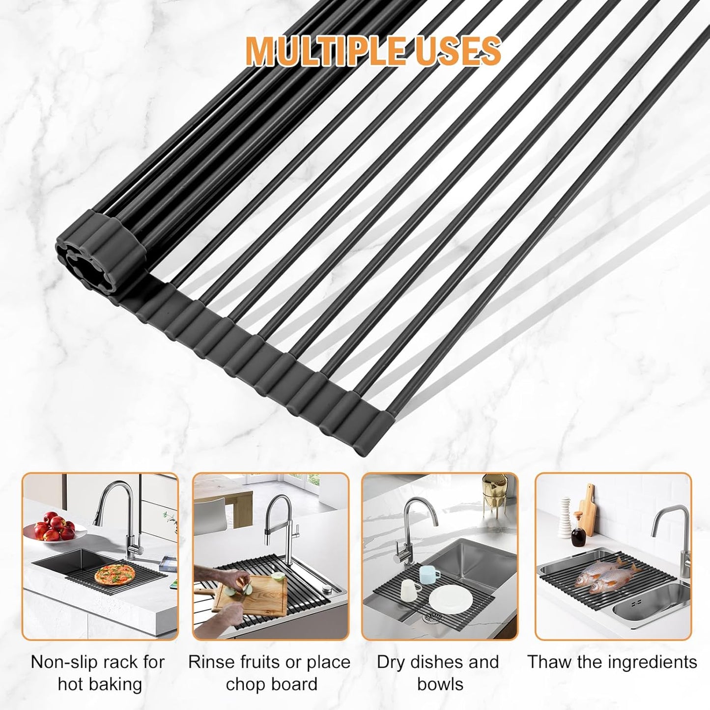 LEMIKKLE Roll Up Dish Drying Rack 17" x 13", Over The Sink Dish Drainer Rack, Foldable Sink Drying Rack, Anti-Slip Silicone Wrapped Dish Drainer for Kitchen Counter (Black)