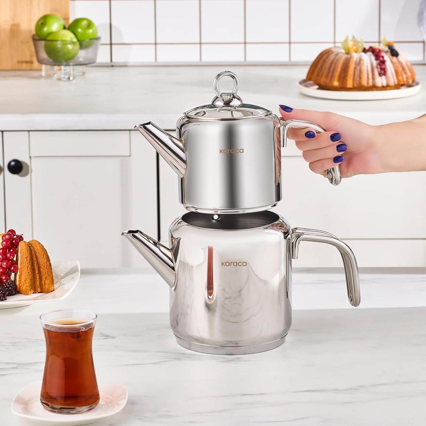 Karaca New Mani Turkish Tea Set for Stovetop, Induction Base Stainless Steel Tea Maker (1L Teapot & 2L Tea Kettle), Dishwasher Safe, Non-Burning Handles Samovar Style