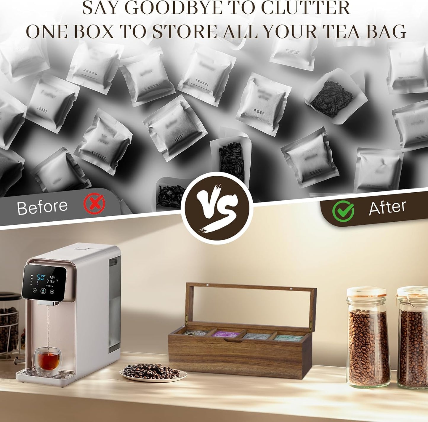 Acacia Wood Tea Bag Organizer, 4 Compartments Tea Box Organizer Storage Box, Teabag Holder Organizers with Clear Acrylic Window, Magnetic Lid and Removable Dividers