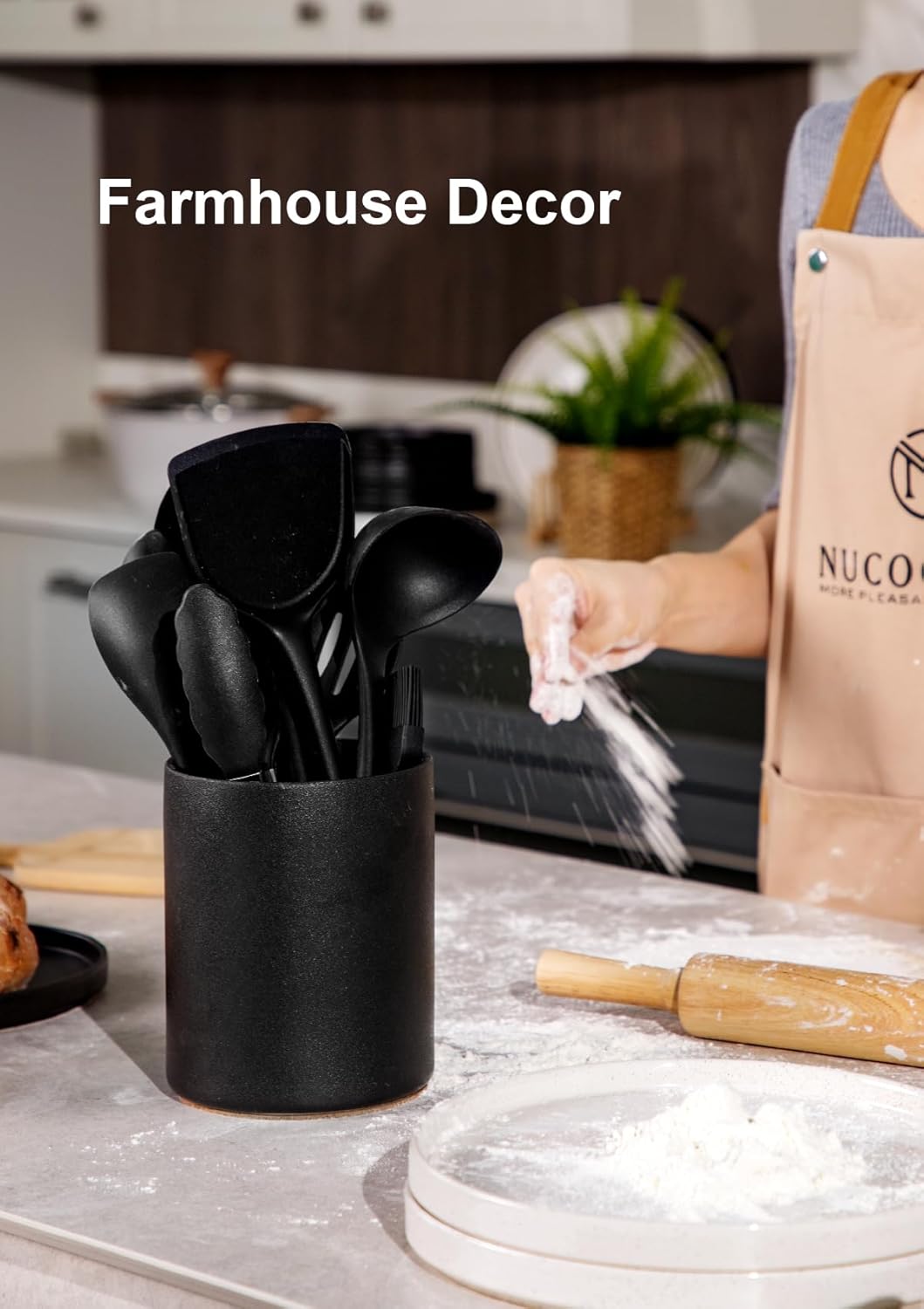 Nucookery Utensil Holder, 6.4" Ceramic Kitchen Utensil Holder with Countertop-Protection Cork Bottom, Farmhouse Kitchen Decor for Counter, Christmas Gift (Stone Black)