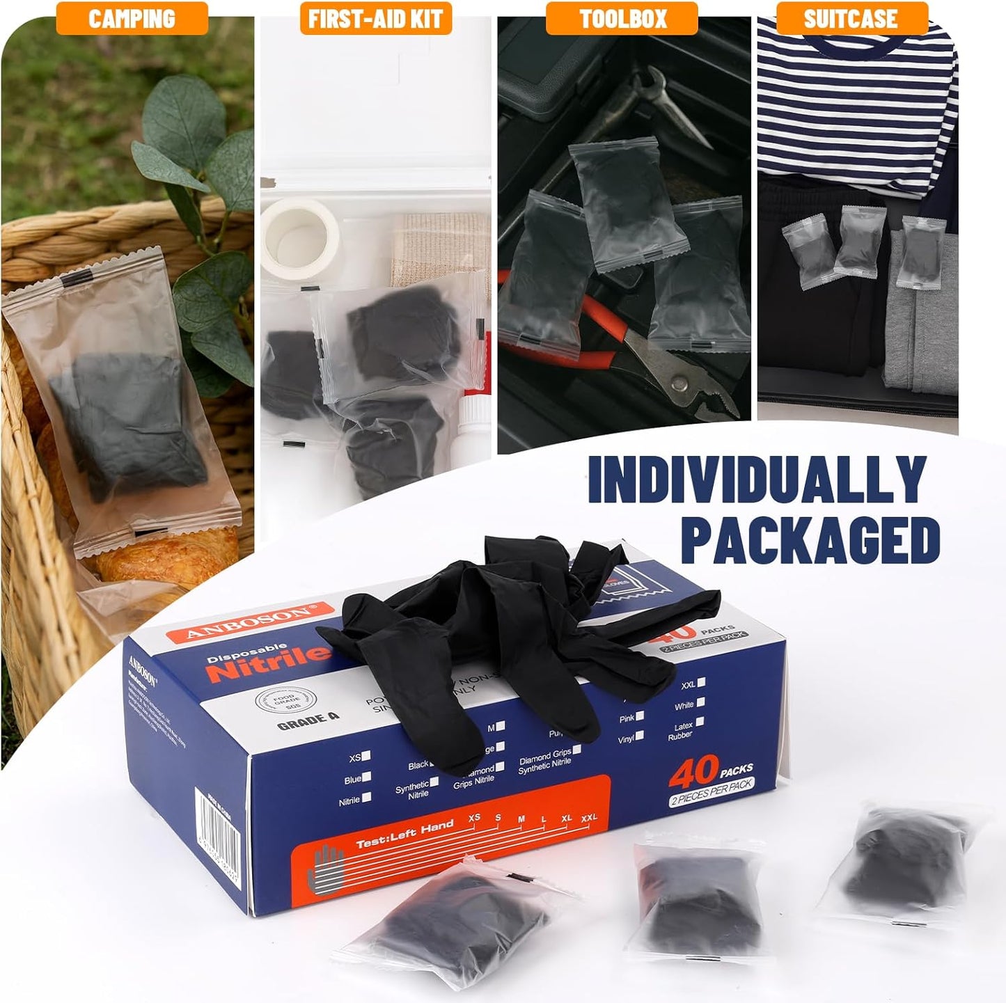 Disposable Nitrile Gloves 5mil, Individually Wrapped 40 Pairs (80 Gloves), Latex Free, Powder Free, Strong Durable Gloves for Food Prep, Cleaning, Automotive, Industrial, Travel Use X-Large