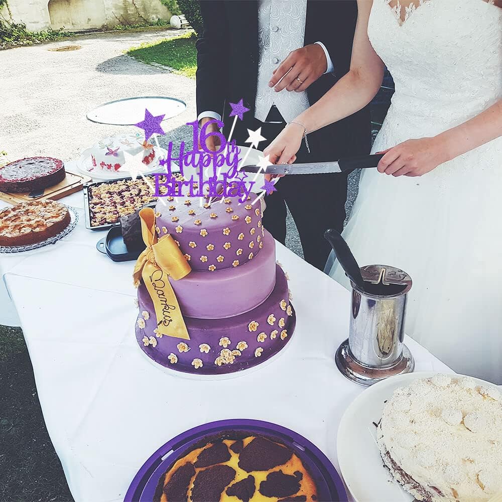 Glittery 16th Happy Birthday Cake Topper with Star,Personalised 16 Birthday Cake Toppers Party Decorations Party Supplies for Boys Girls Purple Silver