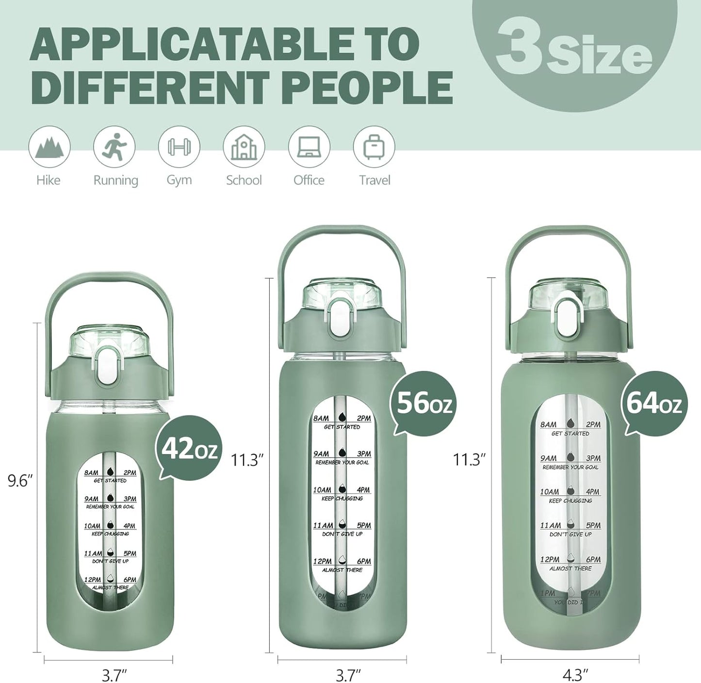 kytffu 64oz Glass Water Bottles with Straw, Half Gallon Motivational Glass Bottle with Silicone Sleeve and Time Marker, 2L Leakproof Large Glass Water Jug for Gym Home Office,olive