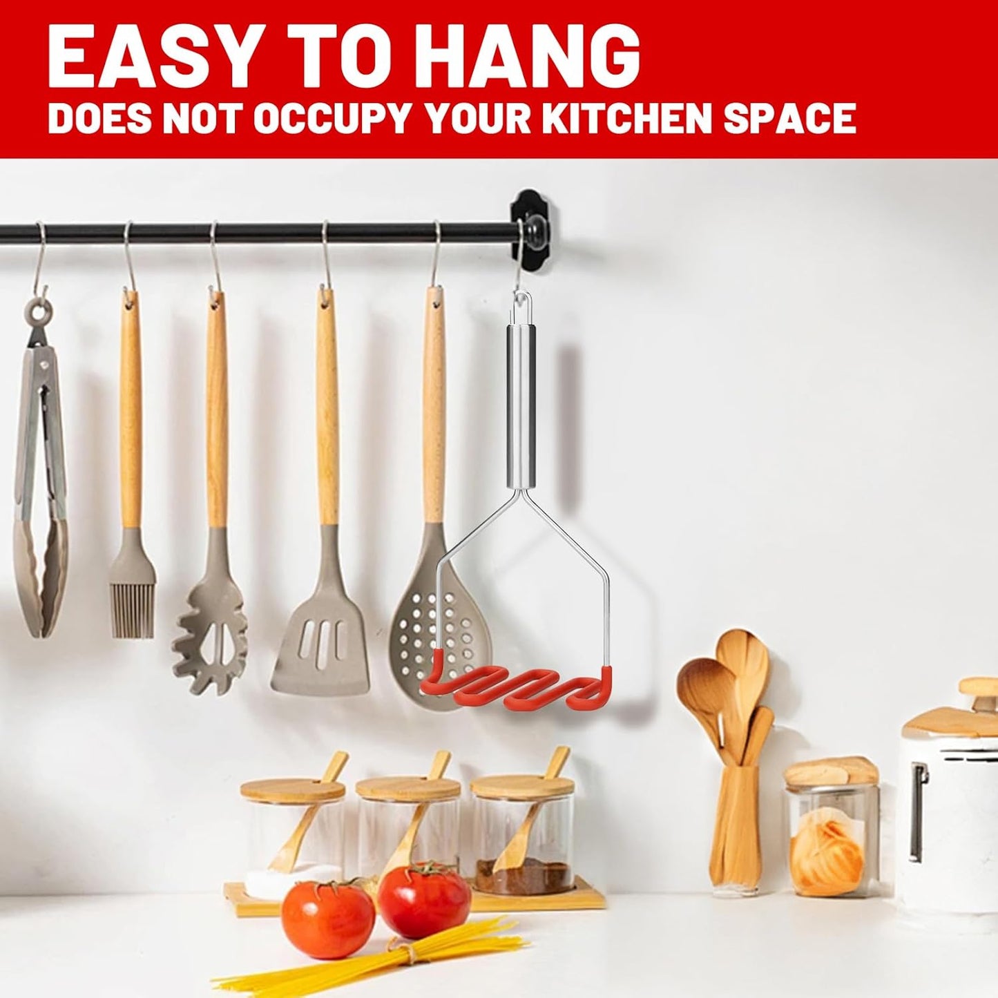 SHIKORI Non-Scratch Silicone Potato Masher Kitchen Tool, Potatoes Masher Potato Masher Stainless Steel Wrapped In Premium Silicone, Potato Smasher 2 Pcs-Black&Red