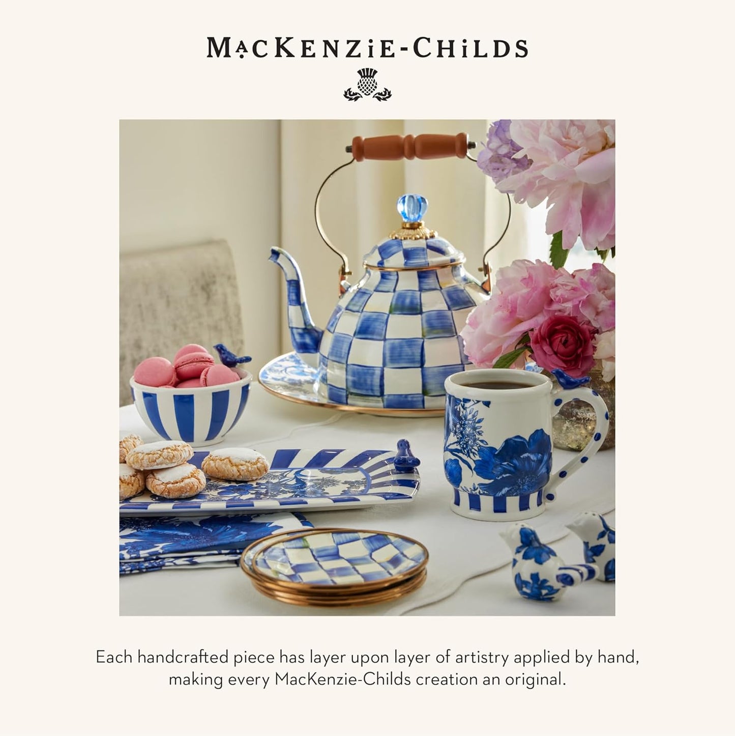 MACKENZIE-CHILDS Enamel Lidded Sugar Bowl, Small Serving Bowl with Lid, 10-Ounce Capacity, Blue-and-White Royal Check