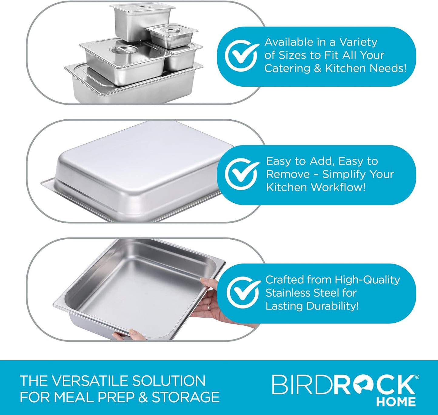 BIRDROCK HOME Stainless Steel Steam Table Pan - Hotel, Restaurant & Catering Supplies - 24 Gauge Steel, 4.5 qt Capacity - Meal Prep, Cooking, & Food Storage Container - 2.5" Depth, 1/2-Size (6 Pack)