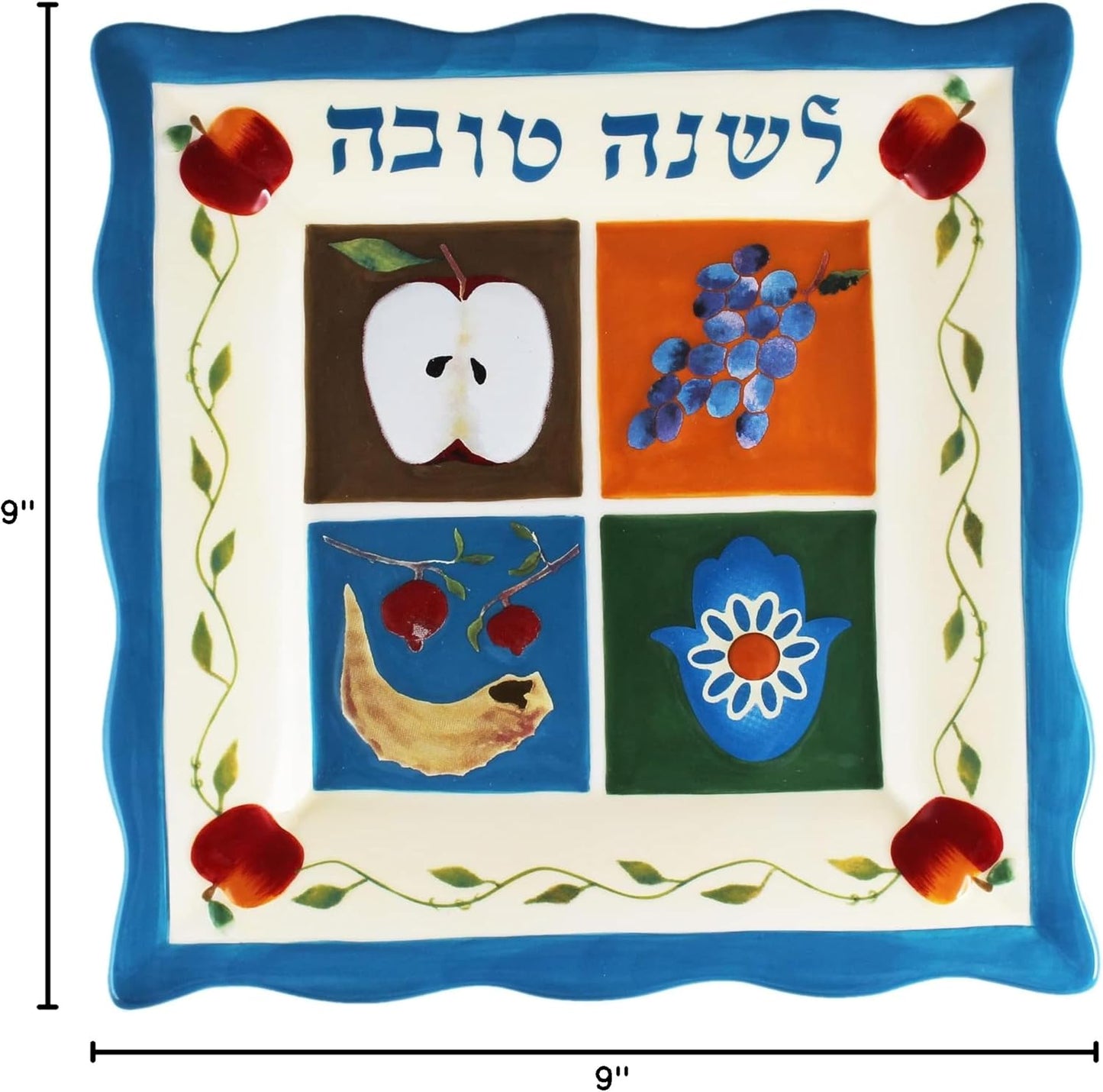 Rosh Hashanah Honey Dish Set Decorative Ceramic Plate Painted Judaic Theme Shana Tovah with Honey Bowl Jar, Wooden Dipper Rosh Hashunah Platter Jewish New Year Gift by Jessica Sporn