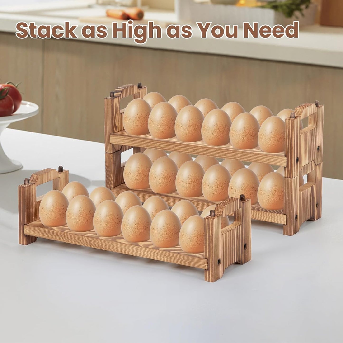Egg Holder Countertop, 3-tire Solid Wooden Egg Holder, Stackable Egg Storage Basket Holding Up to 36 Fresh Eggs, Chicken, Duck Eggs - Unfinished