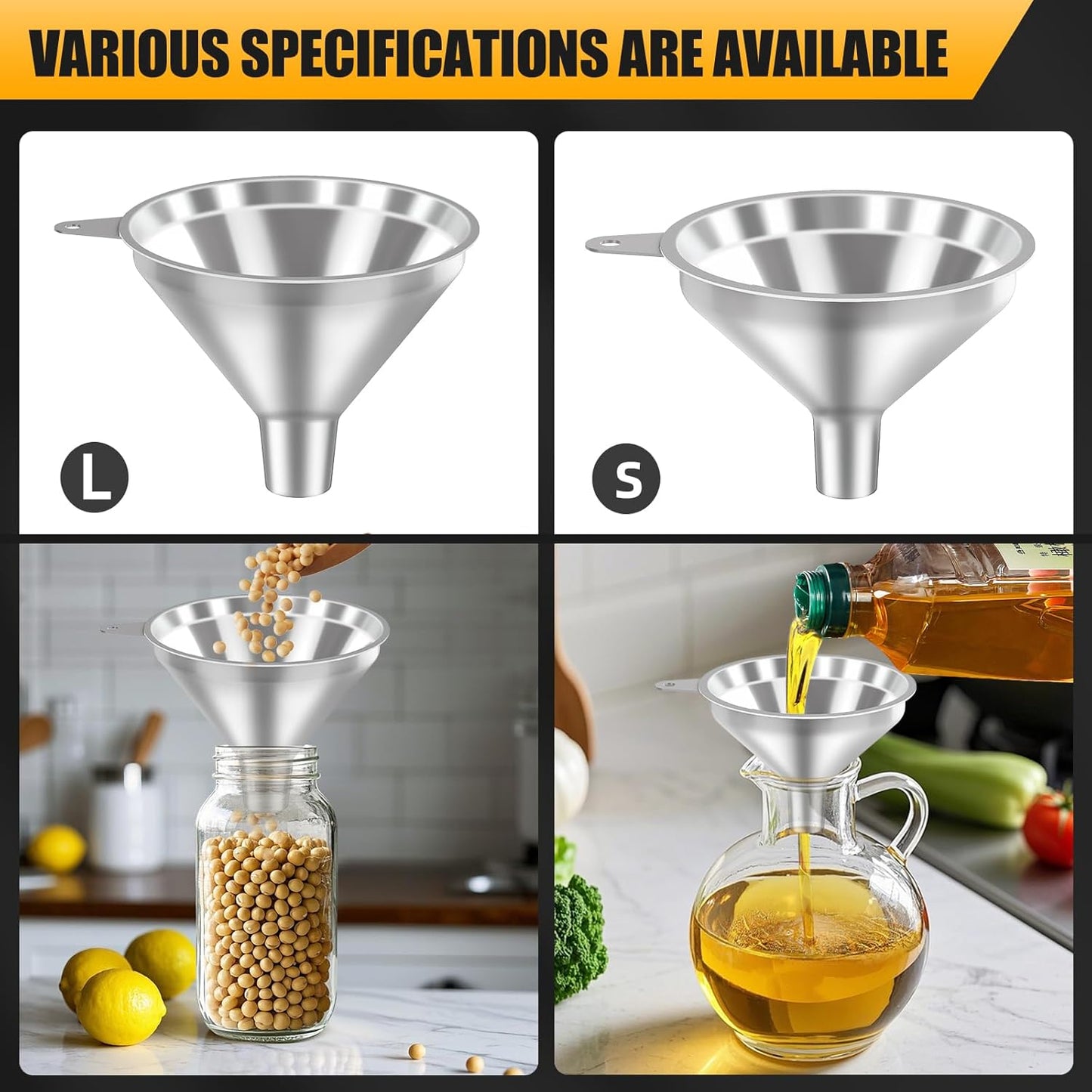 3 Pack Stainless Steel Kitchen Funnel Set,funnels for Kitchen use Filling Bottles, 2 Size Spouts Funnel and Strainer for Filling Different Bottles and Bags