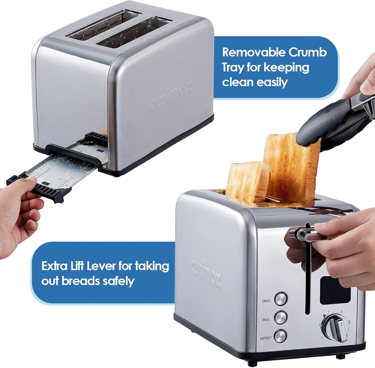 CUSIMAX Stainless Steel 2 Slice Toaster with LED Display, Extra-wide Slots, 6 Browning Settings, Cancel/Bagel/Defrost, Removable Crumb Tray, Silver