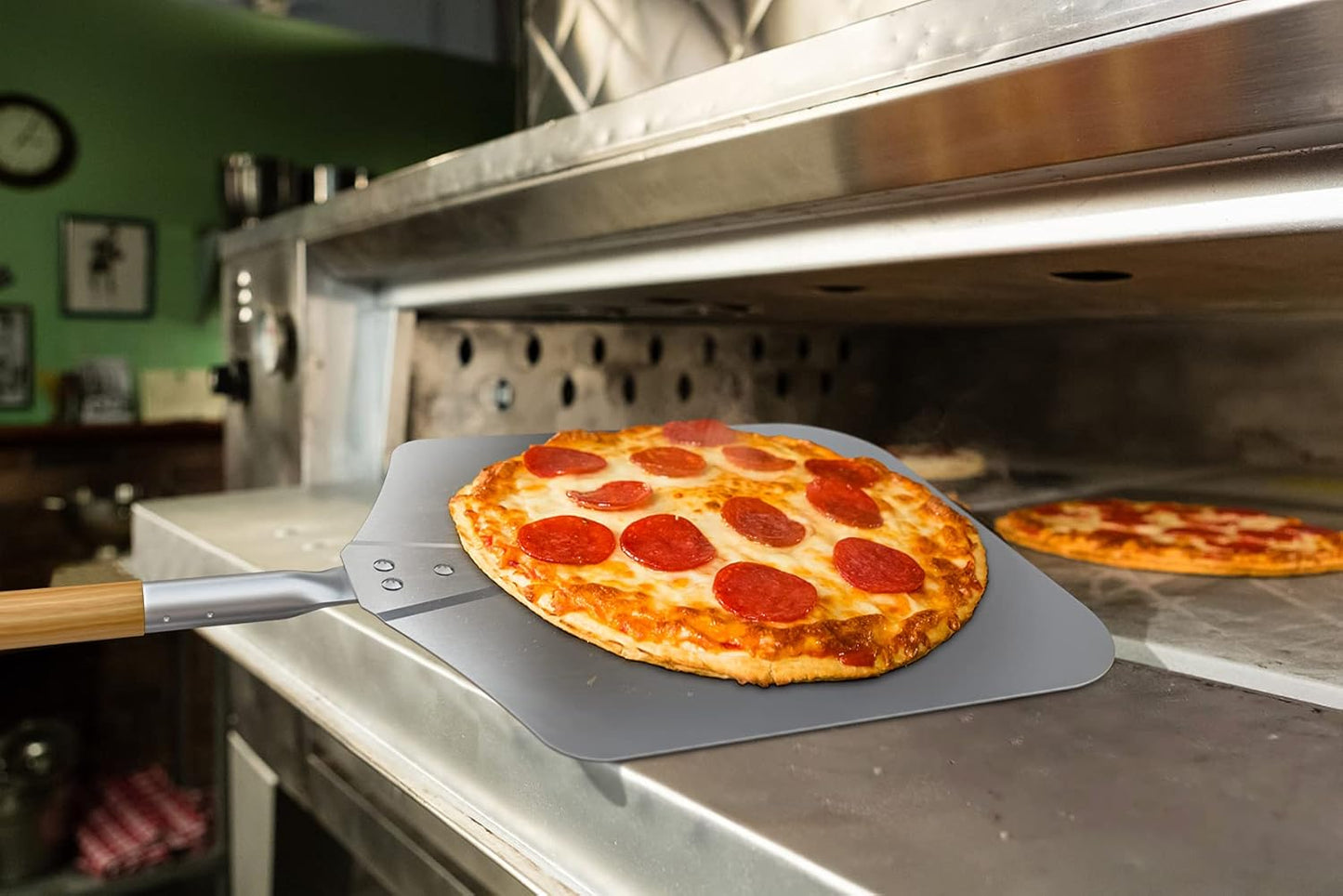 only fire Long Metal Pizza Peel with Wooden Handle for Indoor & Outdoor Grill Oven, 12 x 14 inch Pizza Baking Spatula Paddle for Baking Bread Pies, 36 Inch Long