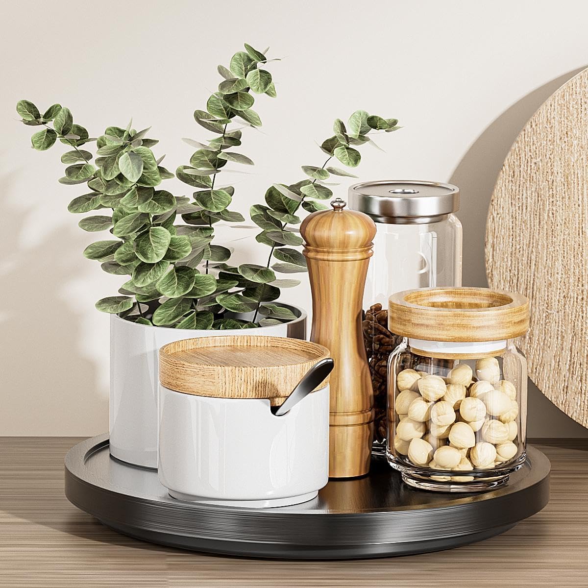 LAMU 10'' Wood Lazy Susan Organizer Turntable for Cabinet, Lazy Susan for Table Top, Pantry, Kitchen, Bathroom, Countertop, Rotating Spice Organizer, Vanity Decor Tray, Pine Wood, Black