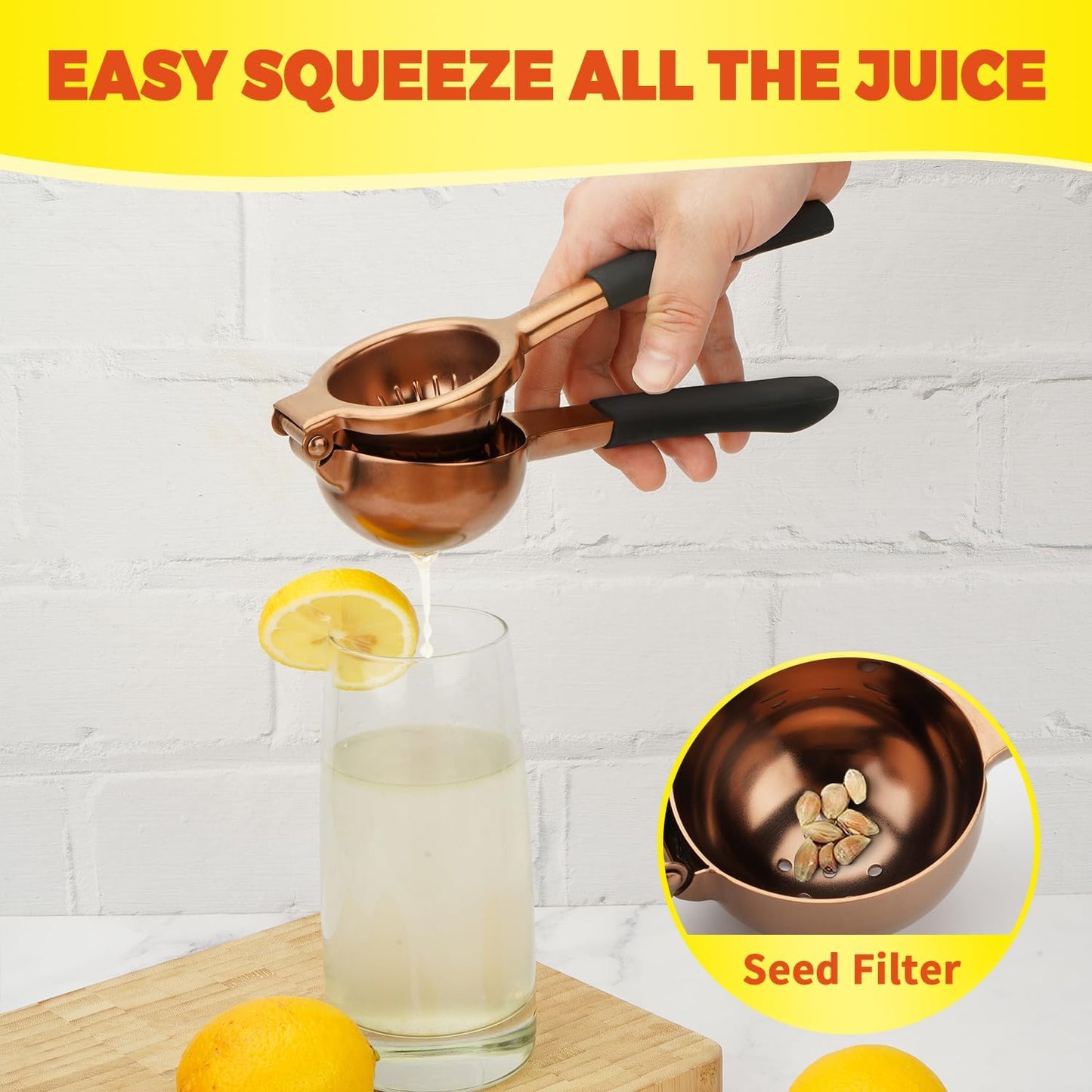 Lemon Squeezer,304 Stainless Steel Citrus Press Juicer,Non-Slip Grip Design Manual Juicer,Heavy Duty Manual Citrus Press Juicer & Lime Squeezer-Rose Gold & Red