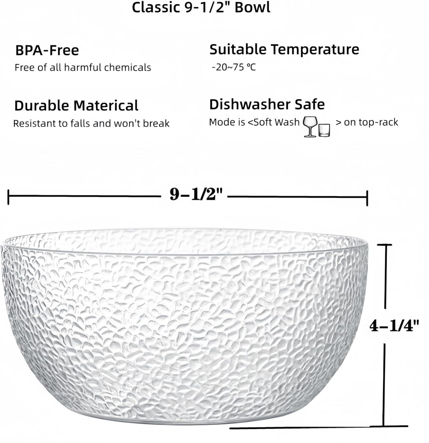 Qxbekmor 130 oz Acrylic Salad Bowls, 9.5" Serving Bowls for Fruits, Popcorn, Chips, Dips, Condiments, Break-Resistant Set of 2, Clear Circular