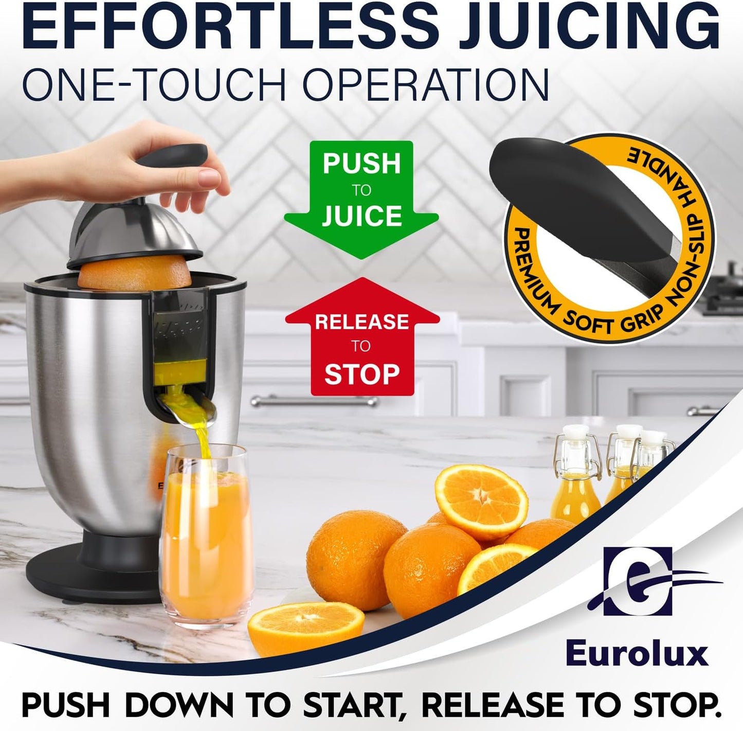 Eurolux Premium Electric Orange Juicer | Stainless Steel Citrus Squeezer With New Ultra-Powerful Motor and Soft Grip Handle for Effortless Juicing, Auto Shutoff, Dishwasher-safe Parts, Pulp Control