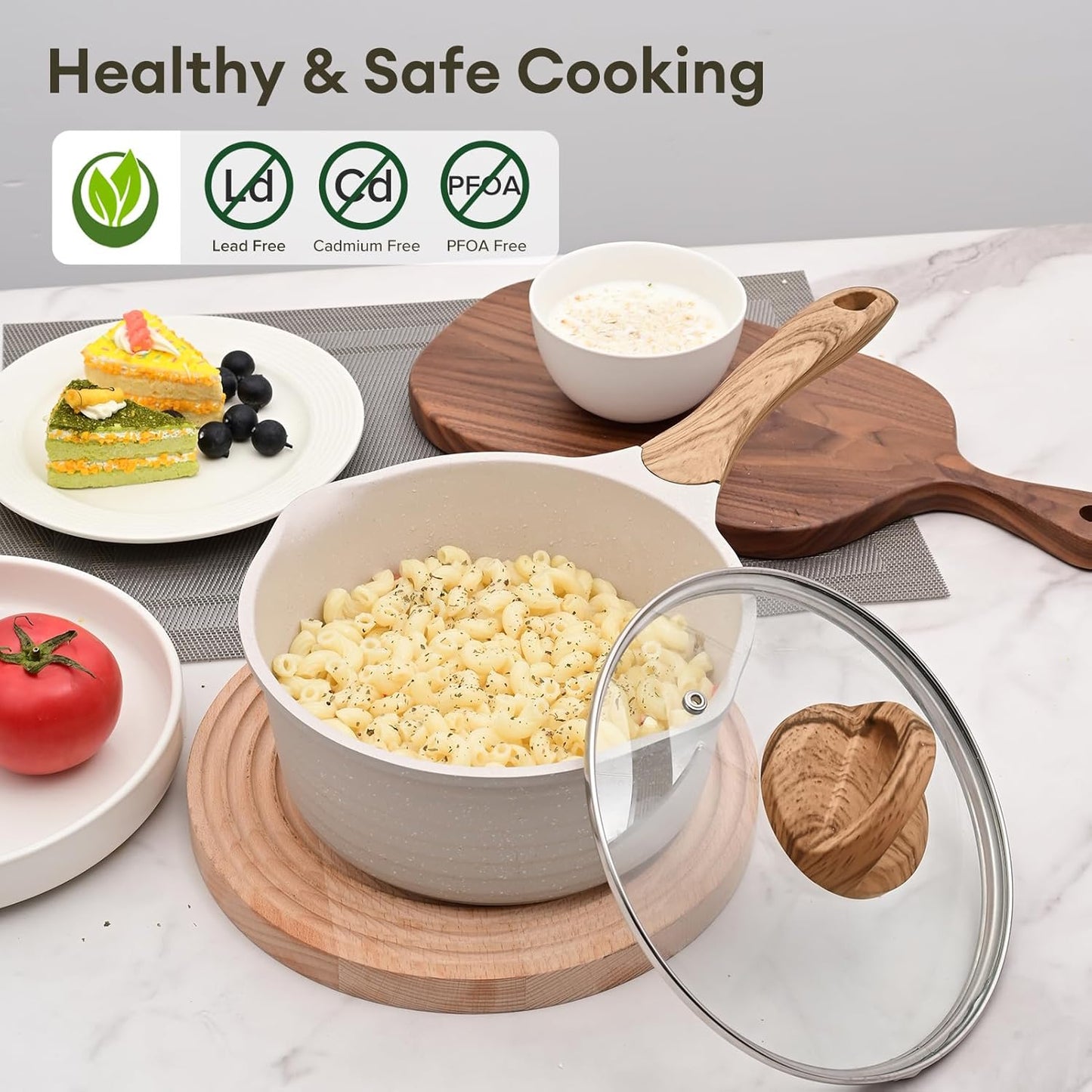 JEETEE 2 Quart Sauce Pan with Lid, Non Stick Small Pot with Coating, Masterclass Cookware Sauce Pot for Cooking, PFOA/PFOS Free(Beige)