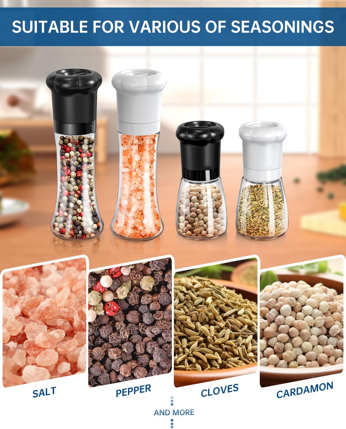 CIRCLE JOY Manual Salt and Pepper Grinder Set For Professional Chef, Refillable Salt and Pepper Shakers with Ceramic Blades, Adjustable Coarseness and BPA-free 180ml Glass Container, Short Black White