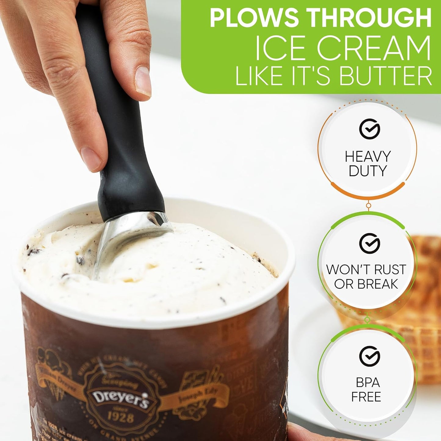 Spring Chef Ice Cream Scoop with Soft Grip Handle, Professional Heavy Duty Sturdy Scooper, Premium Kitchen Tool for Cookie Dough, Gelato, Sorbet, Black, 2 Pack