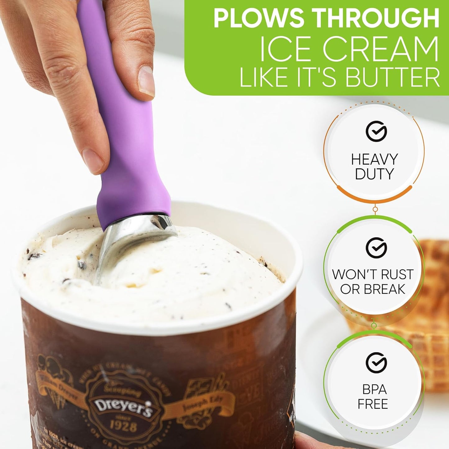 Spring Chef Metal Ice Cream Scoop with Comfortable Handle, Heavy Duty Sturdy Ice Cream Scooper Spoon for Cookie Dough, Frozen Yogurt, Gelato, Sorbet, Sundae, Melon - Dishwasher Safe - Orchid