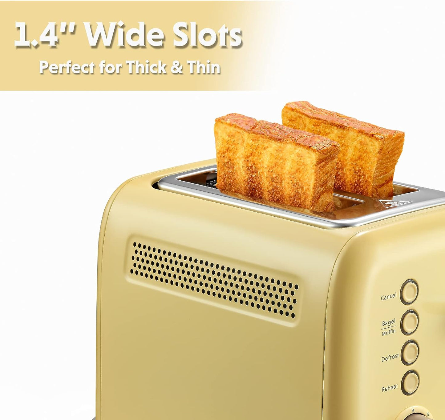 BUYDEEM DT620 2-Slice Toaster, Extra Wide Slots, Retro Stainless Steel with High Lift Lever, Bagel and Muffin Function, Removal Crumb Tray, 7-Shade Settings,Mellow Yellow