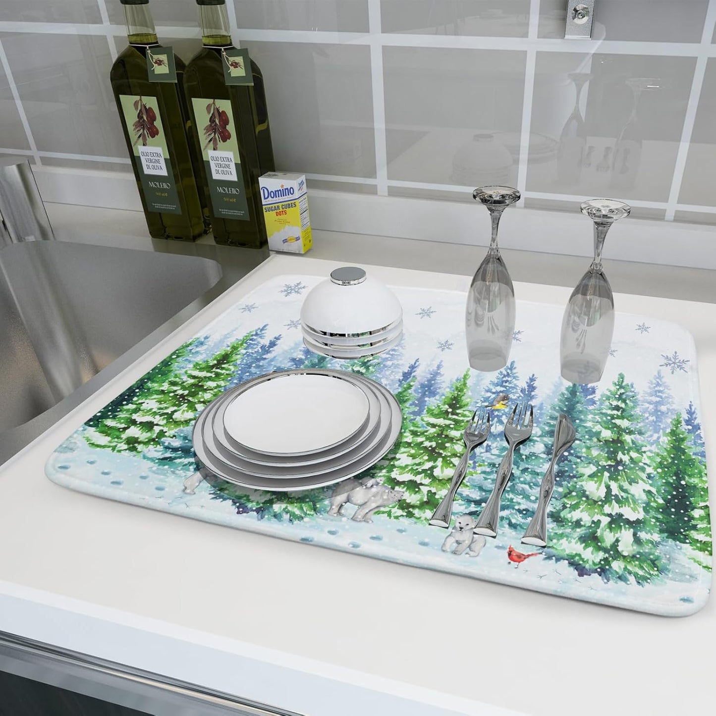 Winter Bear Bird Dish Drying Mat - Welcome Christmas Snowflake Drying Pad for Counter Forest Wildlife Dish Drainer Mat Cabin Animal Kitchen Accessories 18 x 24 Inch