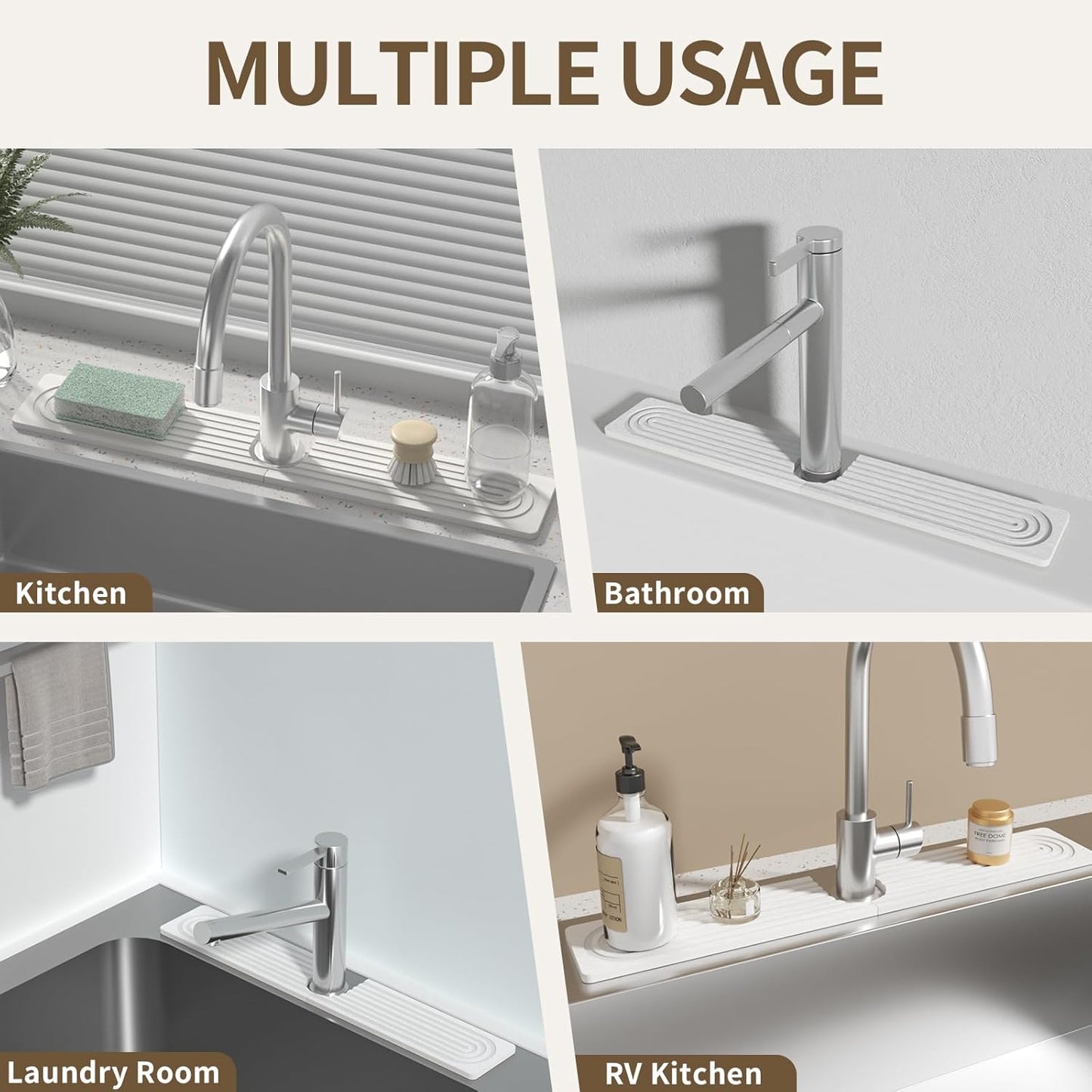 Faucet Mat for Kitchen Sink, Diatomite Stone Drying Sink Protectors, Bathroom Faucet Splash Guard, Quick Dry Water Absorbing, Non-Slip Stone Tray for Kitchen Counter, White, 20" x 3.9"