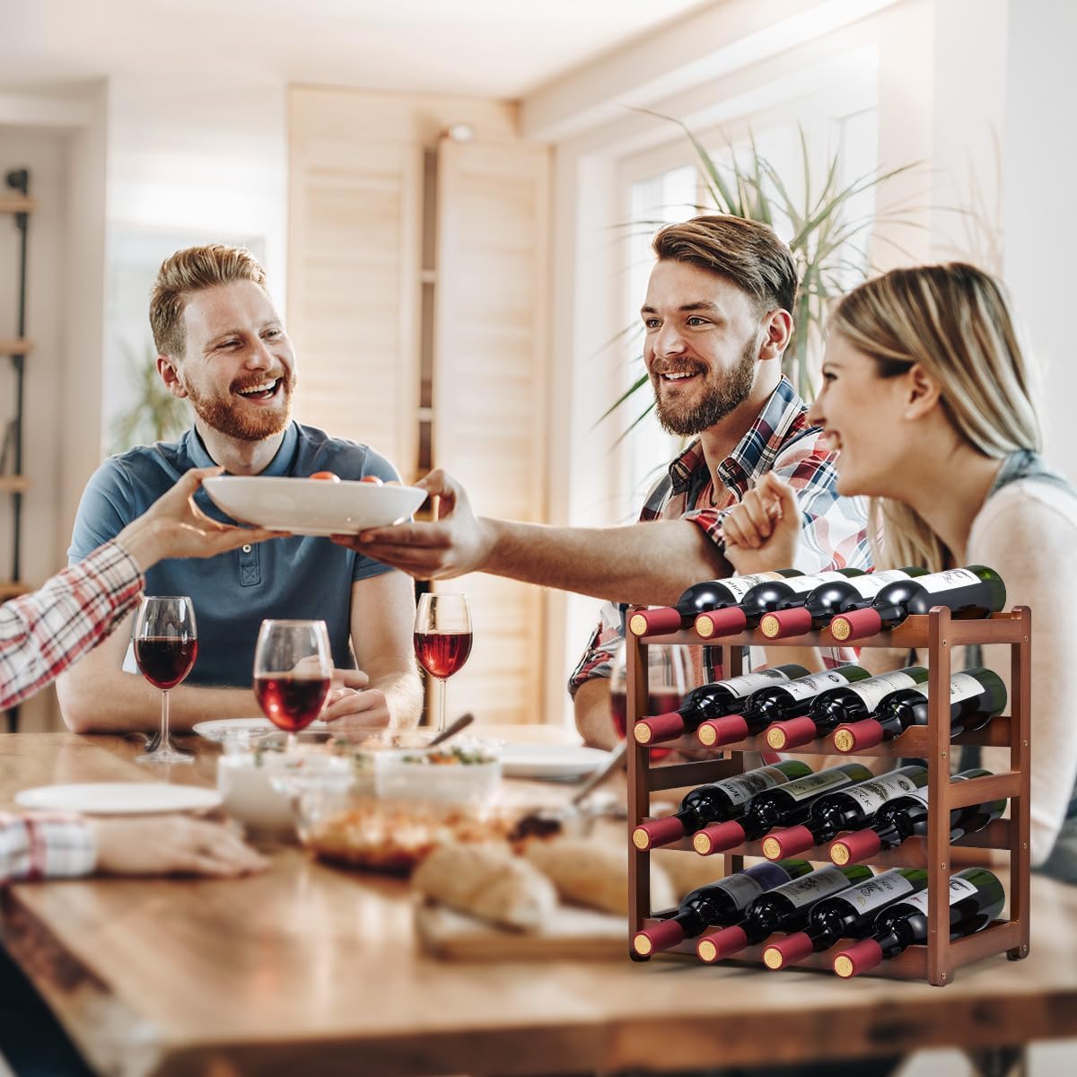 Bamboo Wine Rack,4 Tier, Wine Bottle Holder, Hold 16 Bottles for Home Kitchen, Dinging Room, Pantry, Cabinet, Bar