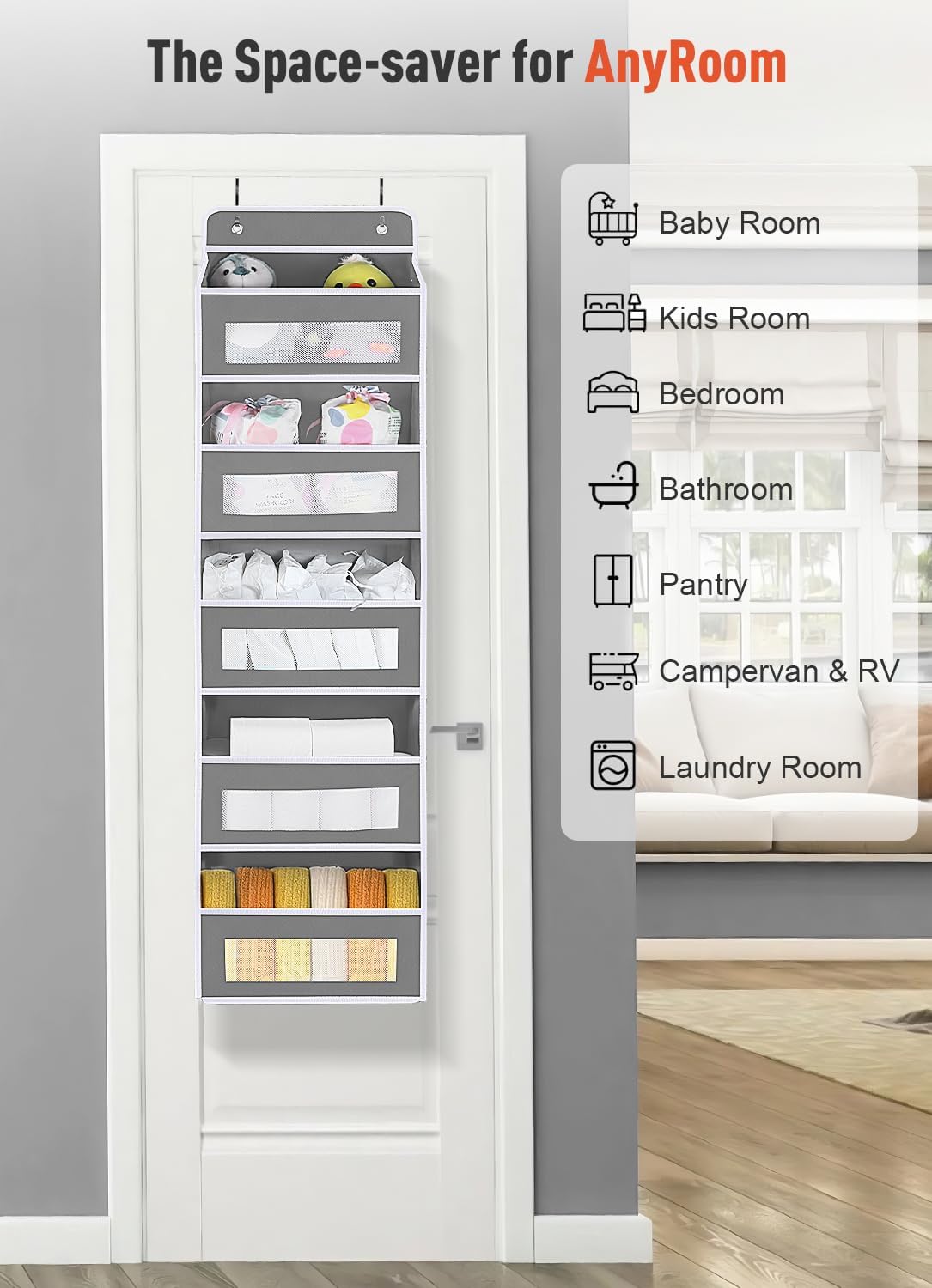 Over The Door Organizer Storage, 5 Shelf Hanging Door Organizer with 10 Large Capacity Pockets, Anti Tilt 44 lb Load Behind Door Storage for Bedroom, Bathroom, Pantry, Nursery, (Grey)