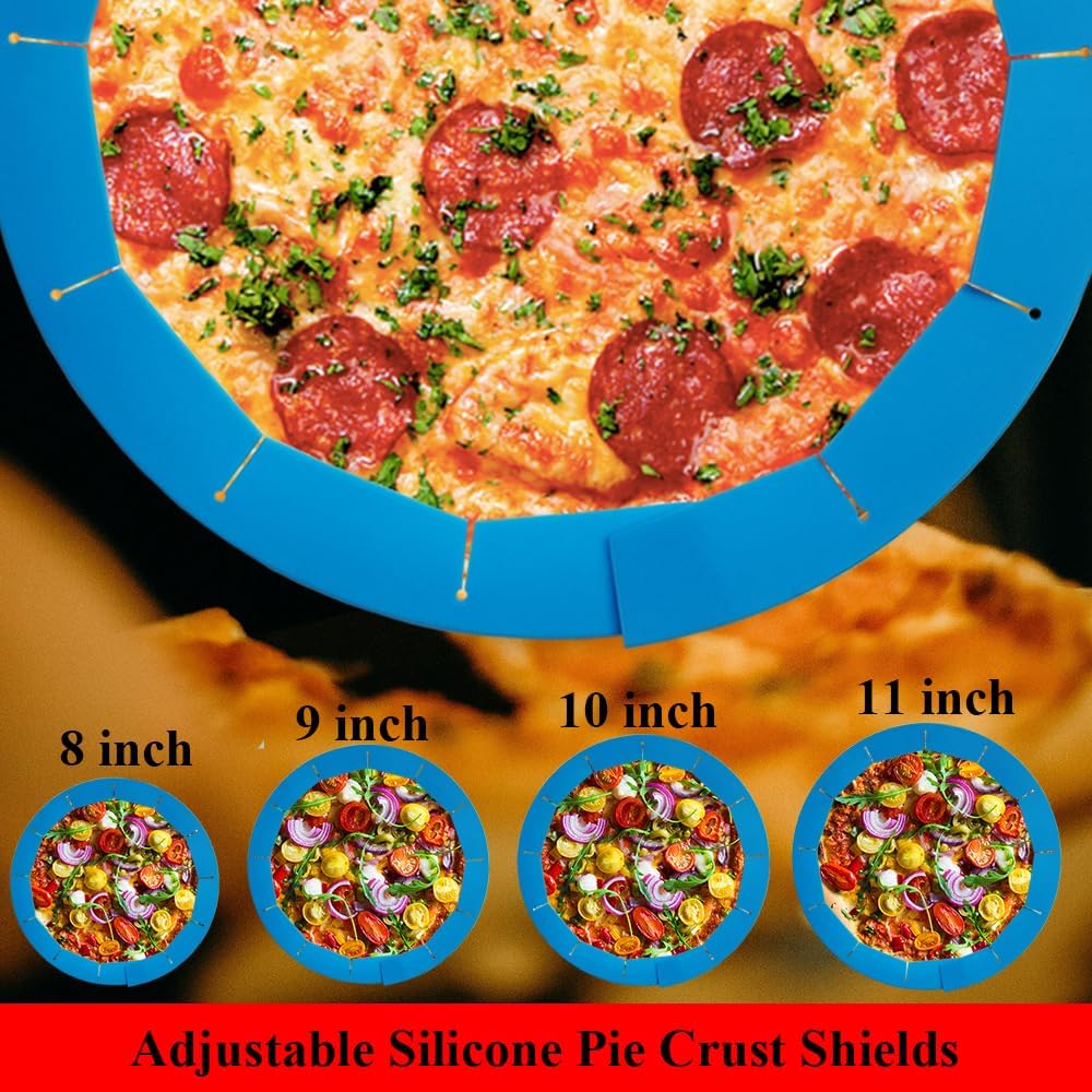 Adjustable Pie Crust Shields, Silicone Baking Protectors, Cover Ring Tools Fits 8-11.4 Inch Pies, Baking Pie Pizza Crust Shield Protector Cover for Edges (Blue)