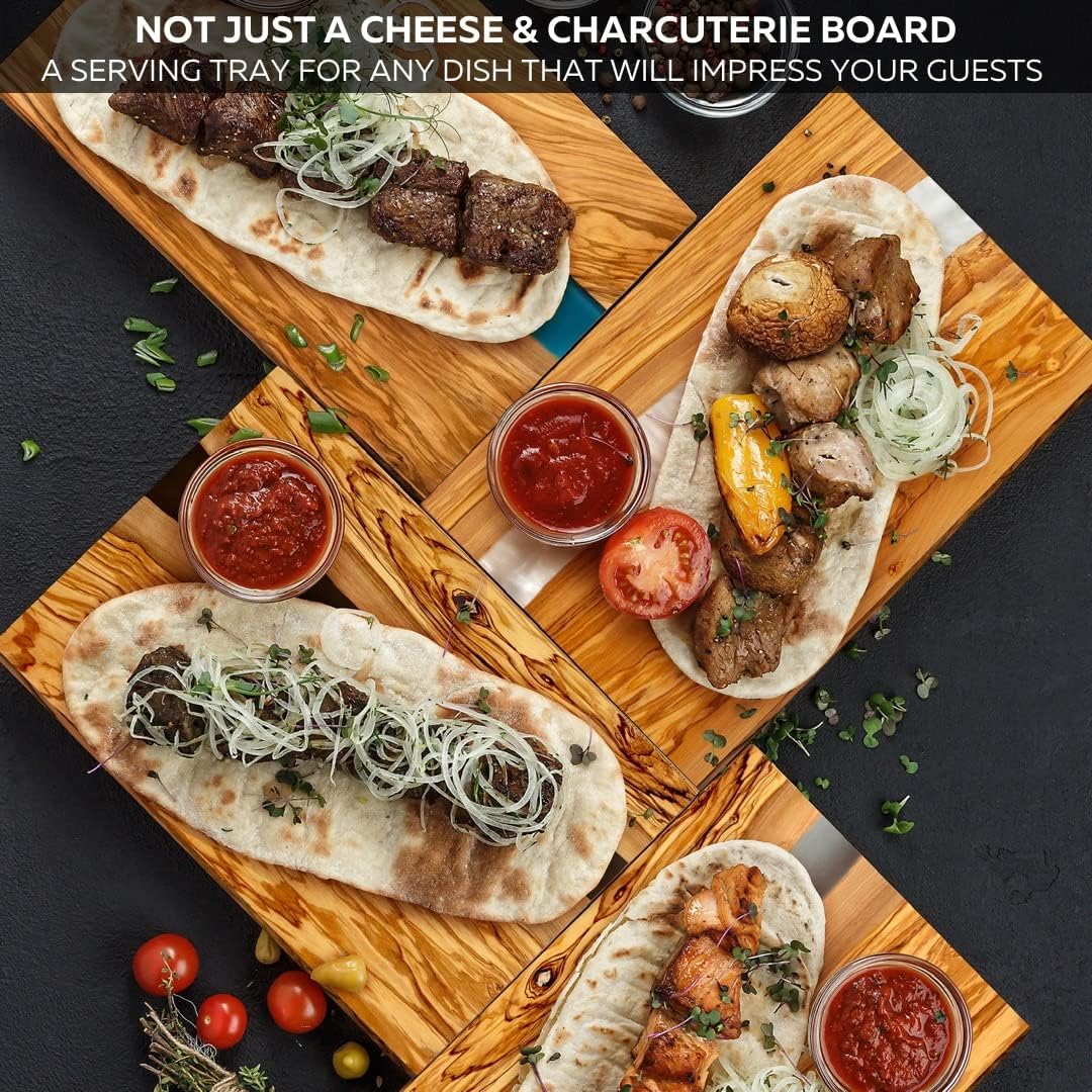 Handcrafted Italian Olive Wood Cheese & Charcuterie Board Set with Unique Black Resin Artwork - Cutting Board Comes with 4 Cheese Knives, 2 Dipping Bowls & Corkscrew Wine Opener (Black)