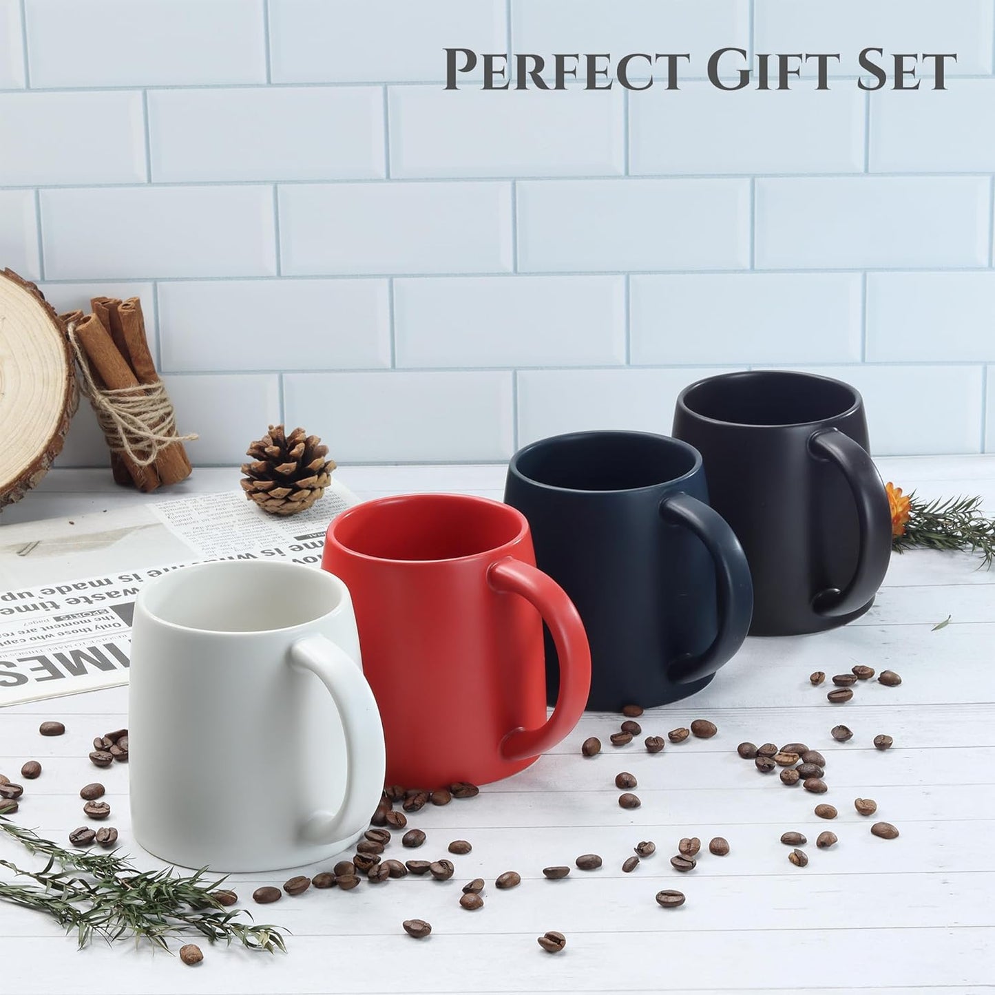 Classic Mug, 14 oz Large Coffee Mug with Handle, Ceramic Porcelain Tea Cup, Smooth Matte (Sliding Lid, Set of 4, Red White Black and Navy Blue)