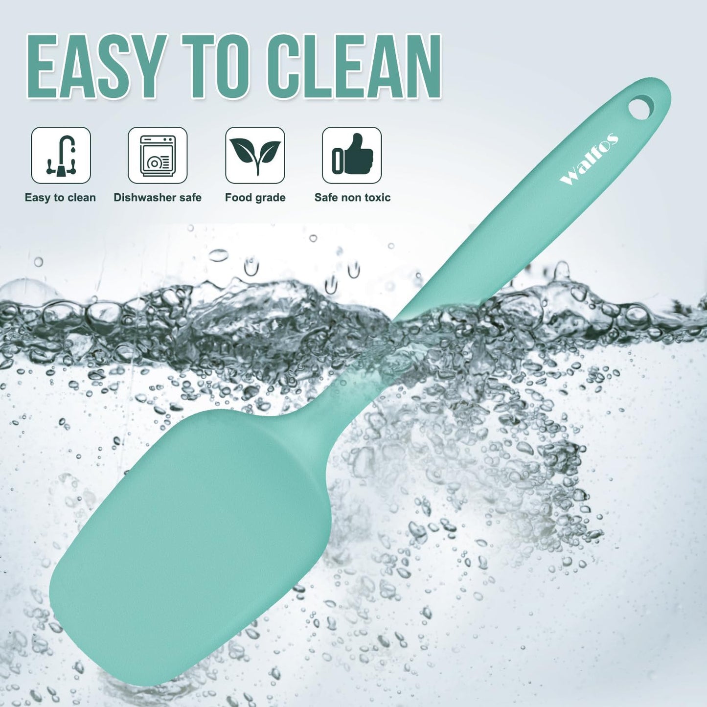 Walfos Silicone Spatula - 600°F High Heat Resistant Kitchen Spoon Spatulas(set of 5), Strong Steel Core and One-Pieces Design, For Cooking Mixing & Baking - BPA Free and Dishwasher Safe (Teal/Aqua)