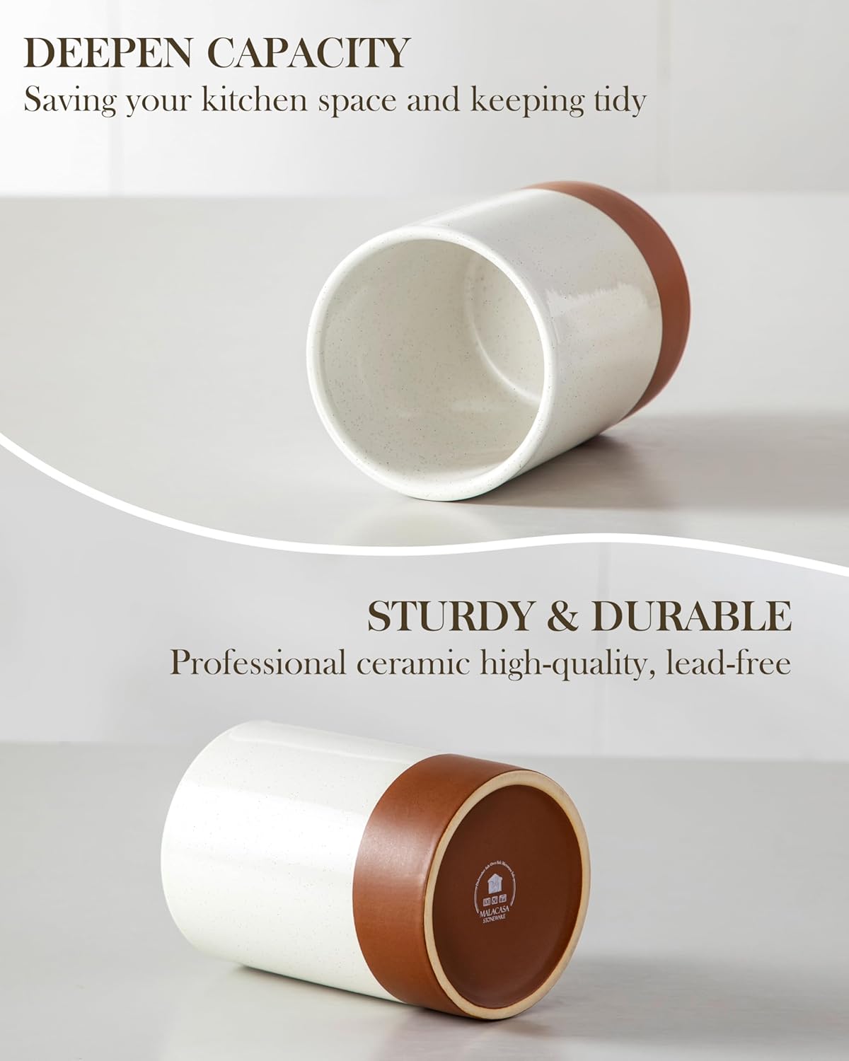 MALACASA Utensil Holder, 5.5" Ceramic Kitchen Utensil Holder for Countertop, Cooking Utensil Crock for Kitchen Counter, Farmhouse Utensil Organizer for Spatula & Spoon, Khaki White, Series TARA