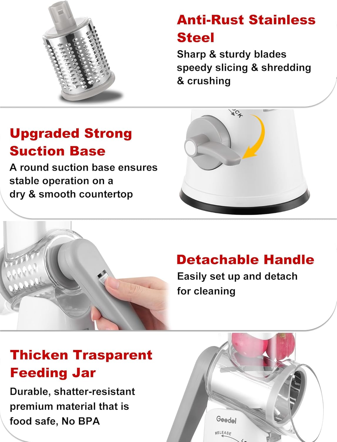 Geedel Rotary Cheese Grater Cheese Shredder - Upgraded 5-in-1 Cheese Grater with Handle and Strong Suction Base, Multi-purpose Vegetable Slicer Ice Shaver Nuts Grinder for Ice, Vegetables, Fruit, Nuts