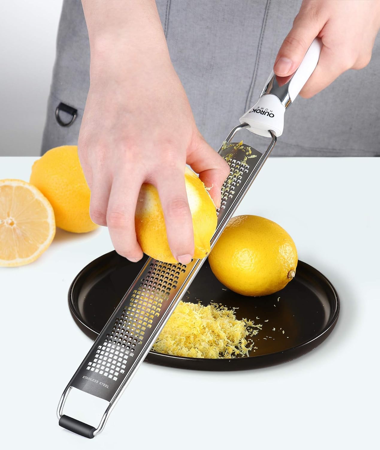 Ourokhome Kitchen Lemon Zester, Stainless Steel Hand Held Parmesan Cheese Grater for Ginger, Chocolate, Coconut, Lime, Nutmeg, Citrus, Fruit, Vegetable with Cleaning Brush, Dishwasher safe, White